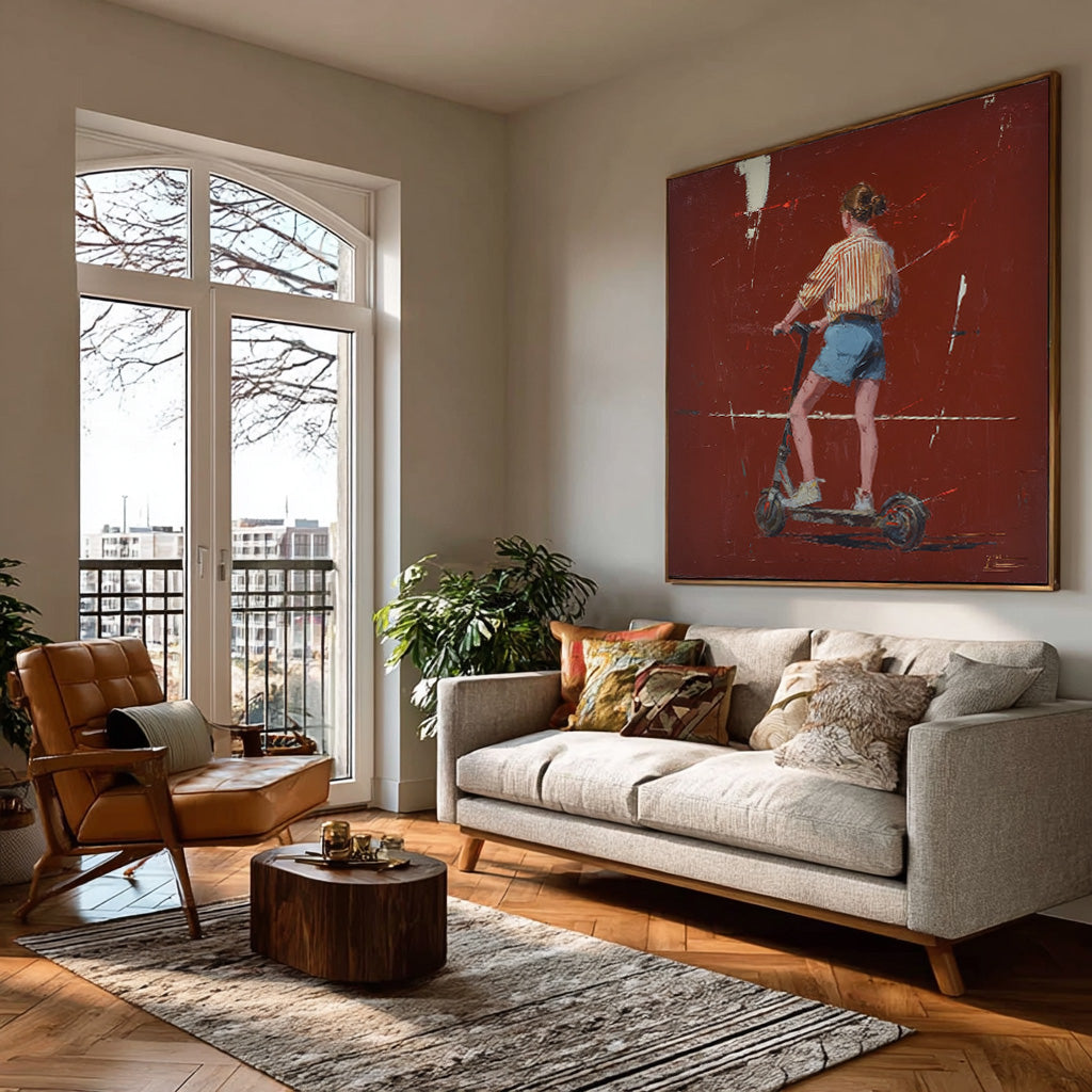 Abstract Fashionable Street Style Original Red Wall Art Minimalist Energetic Girl Riding A Scooter Painting