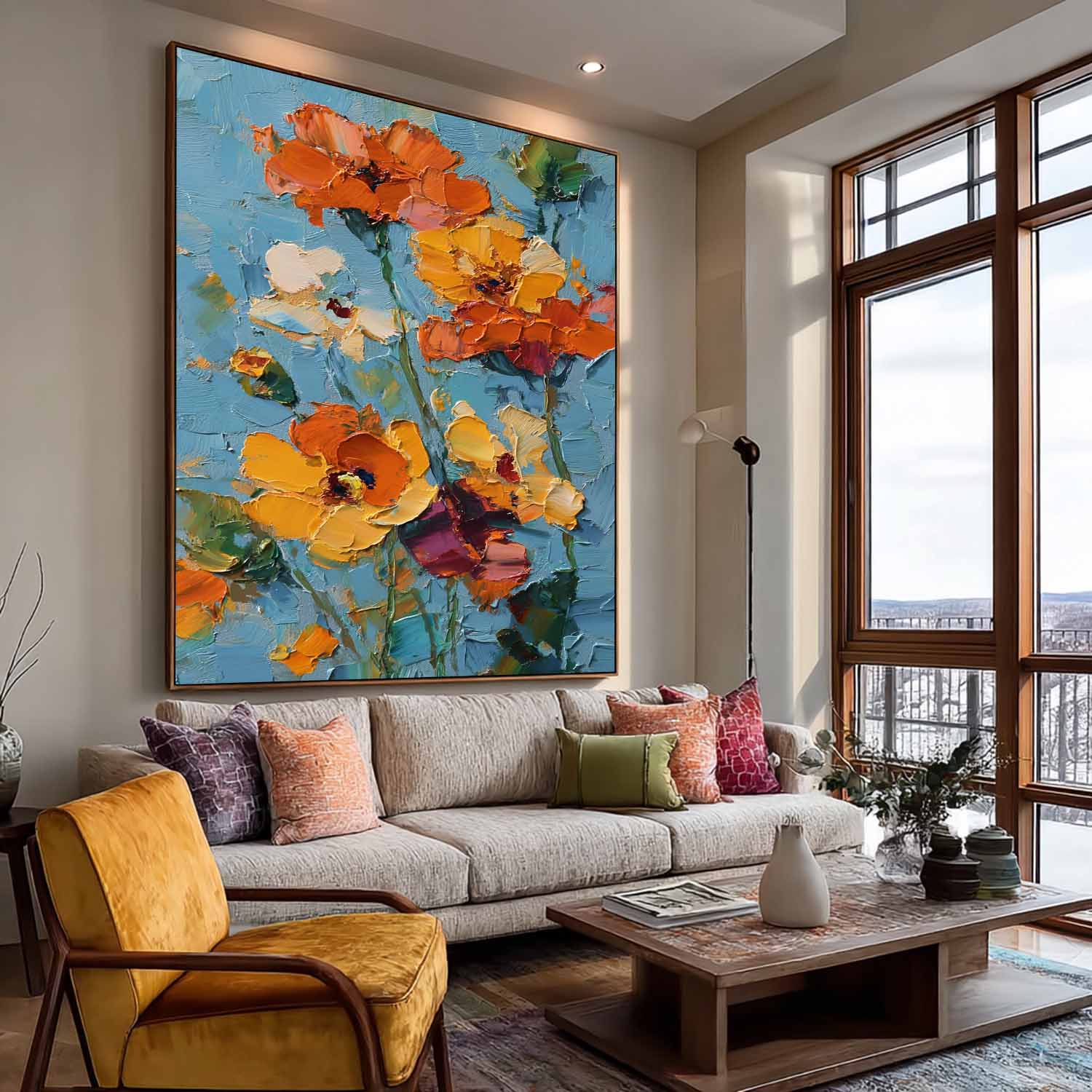 Impasto Oil Floral Bouquet Wall Art Vibrant Orange-Yellow Blooms On Teal Background Textured Modern Home Decor