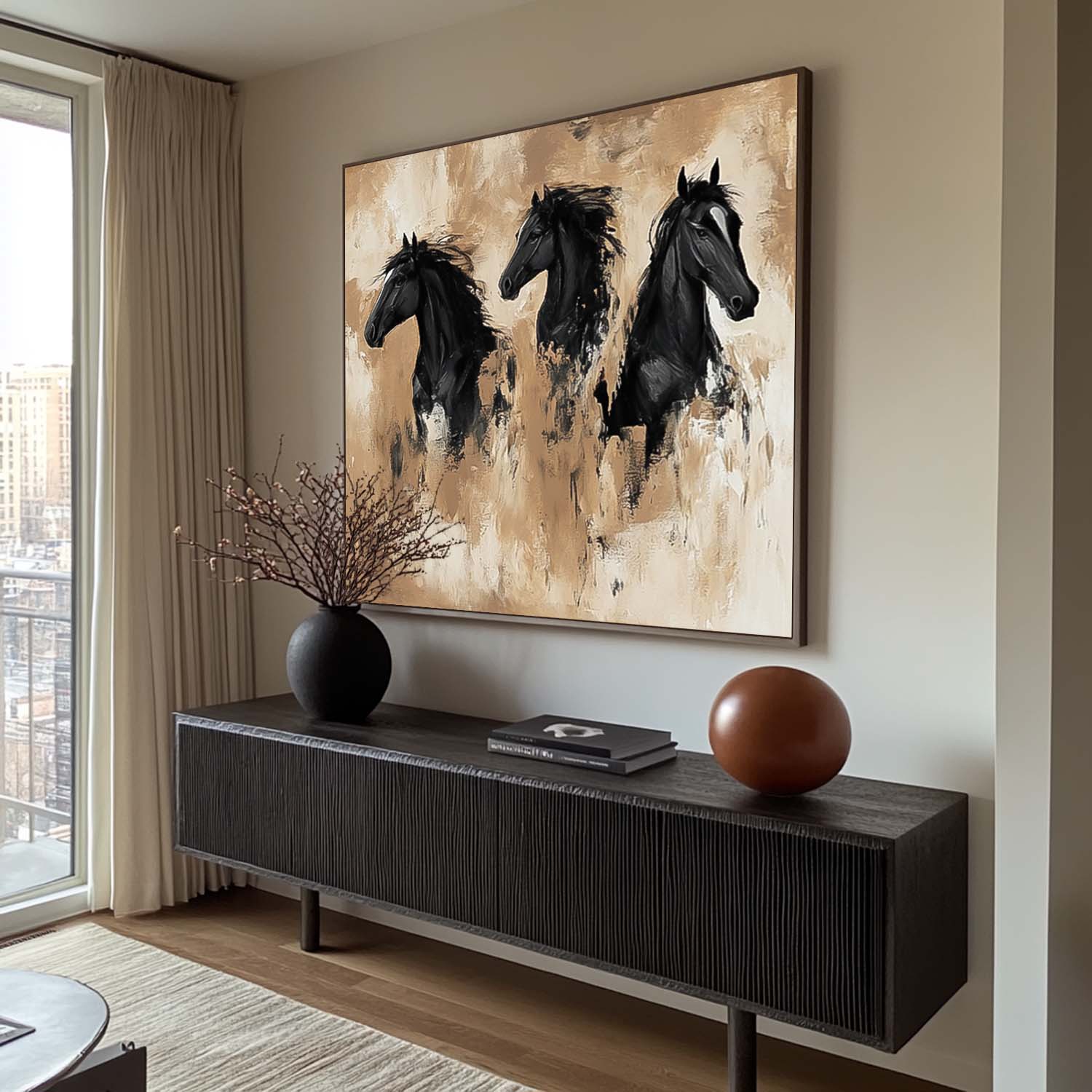 Large Retro Animal Artwork Home Decor Original Abstract Three Horse Wall Art Square Oil Painting Canvas