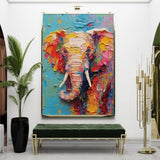 Impressionist Colorful Elephant Oil Painting Textured Canvas Wall Art Modern Animal Oil Painting Framed Living Room Decor