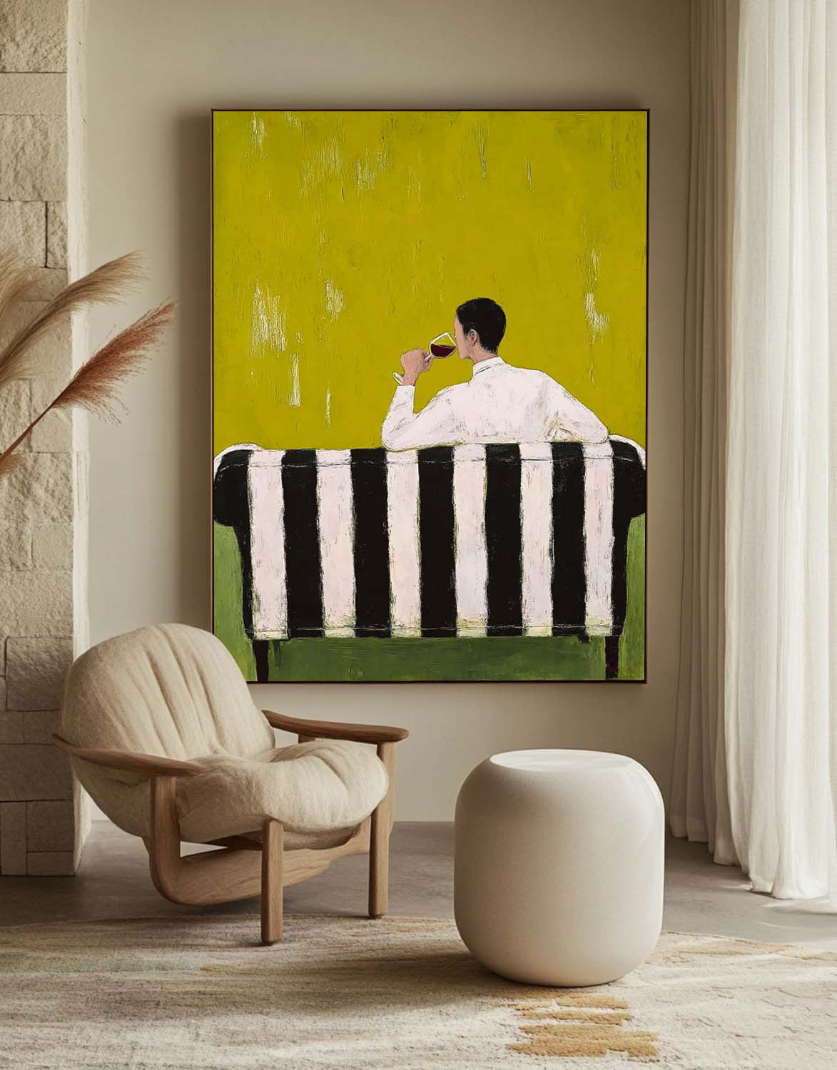 Retro Figure Artwork Abstract Gentleman Tasting Wine Oil Painting Canvas Original Man Wall Art