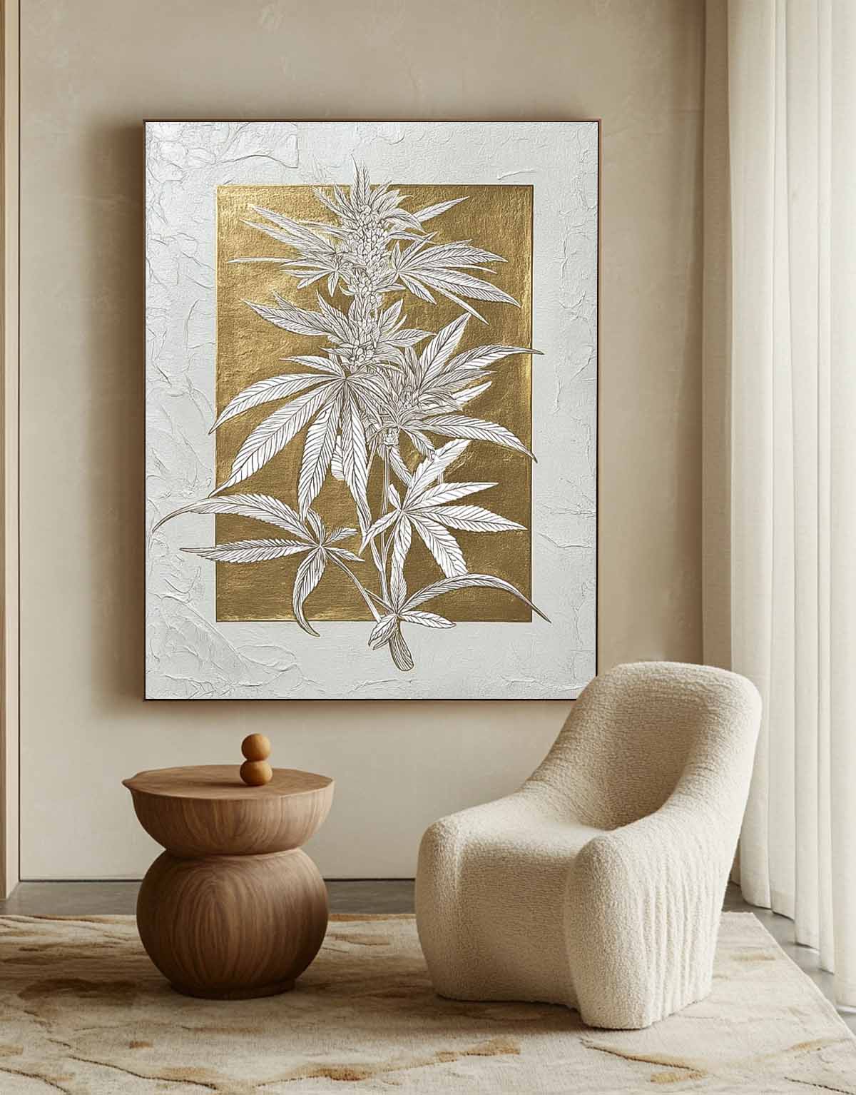 Gold Texture Plant Wall Art Large Flower Abstract Oil Painting Canvas Original Leaf Artwork Home Decor