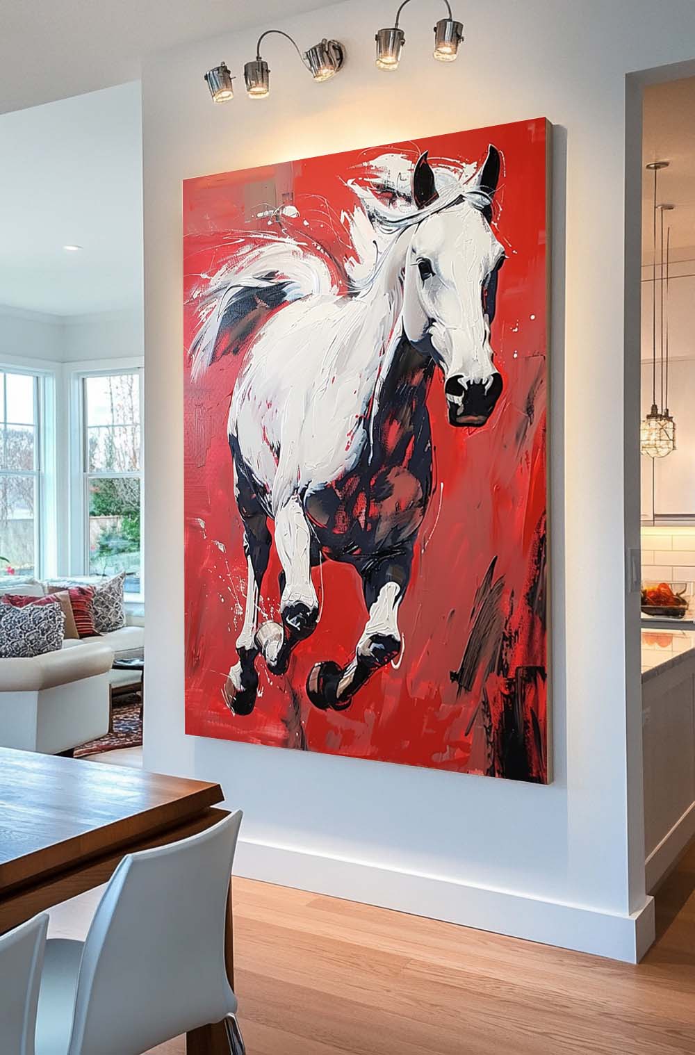 White Horse Oil Painting Modern Red background Texture Animal Oil Painting Impressionist Horse Wall Art Decor