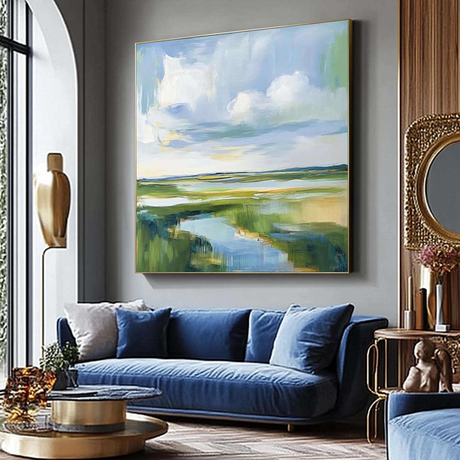 Large Blue Texture Wall Art Framed Abstract Lake Landscape Oil Painting Green Countryside Landscape Artwork