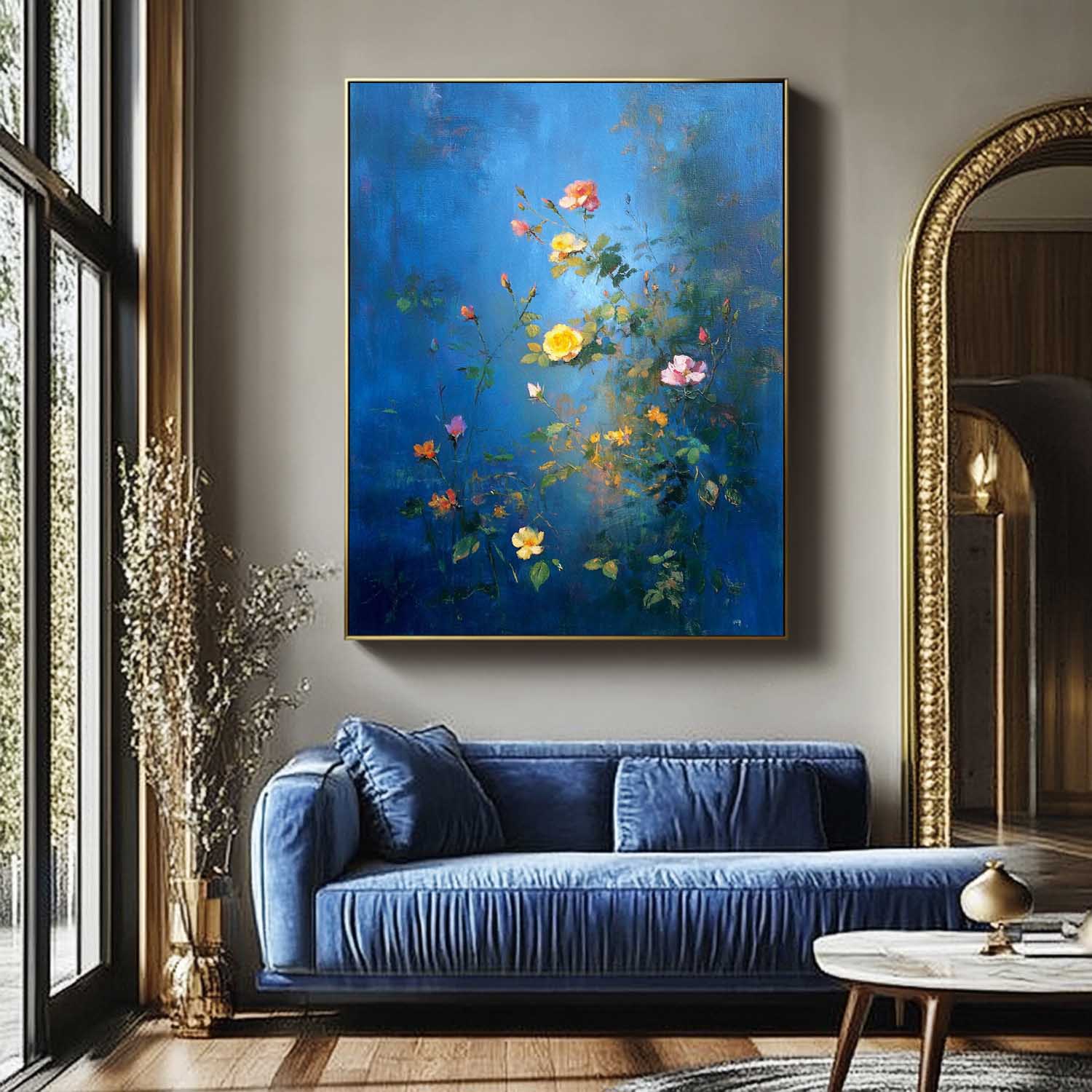Modern Wall Art Hand-Painted Lotus Pond Artwork Blue Toned Abstract Lotus Flower Oil Painting On Canvas