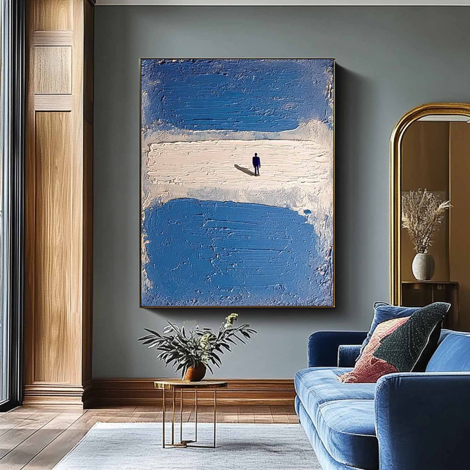 Original Lonely Back People Oil Painting Large Blue Minimalism Wall Art Abstract Figures Artwork Decor