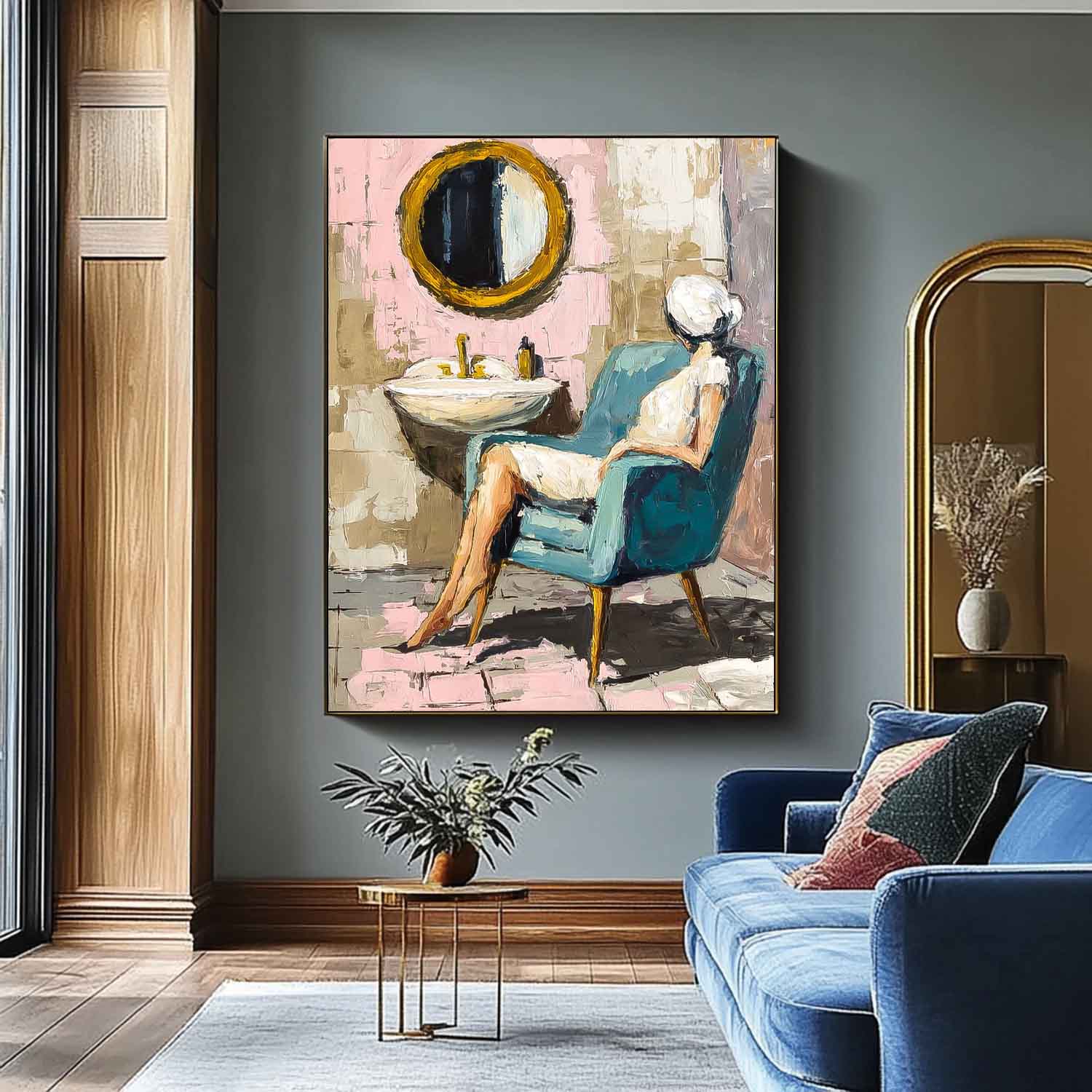 Original Impressionist Bathroom Art Oil Painting Modern Home Decor Gold Abstract Lady Oil Painting Canvas
