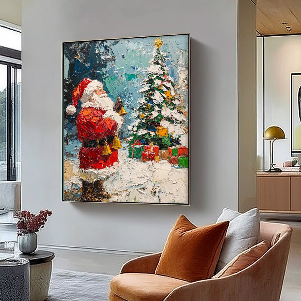 Vintage Santa Claus Christmas Tree and Painting Christmas Wall Art Rustic Classic Santa Xmas Holiday Decor