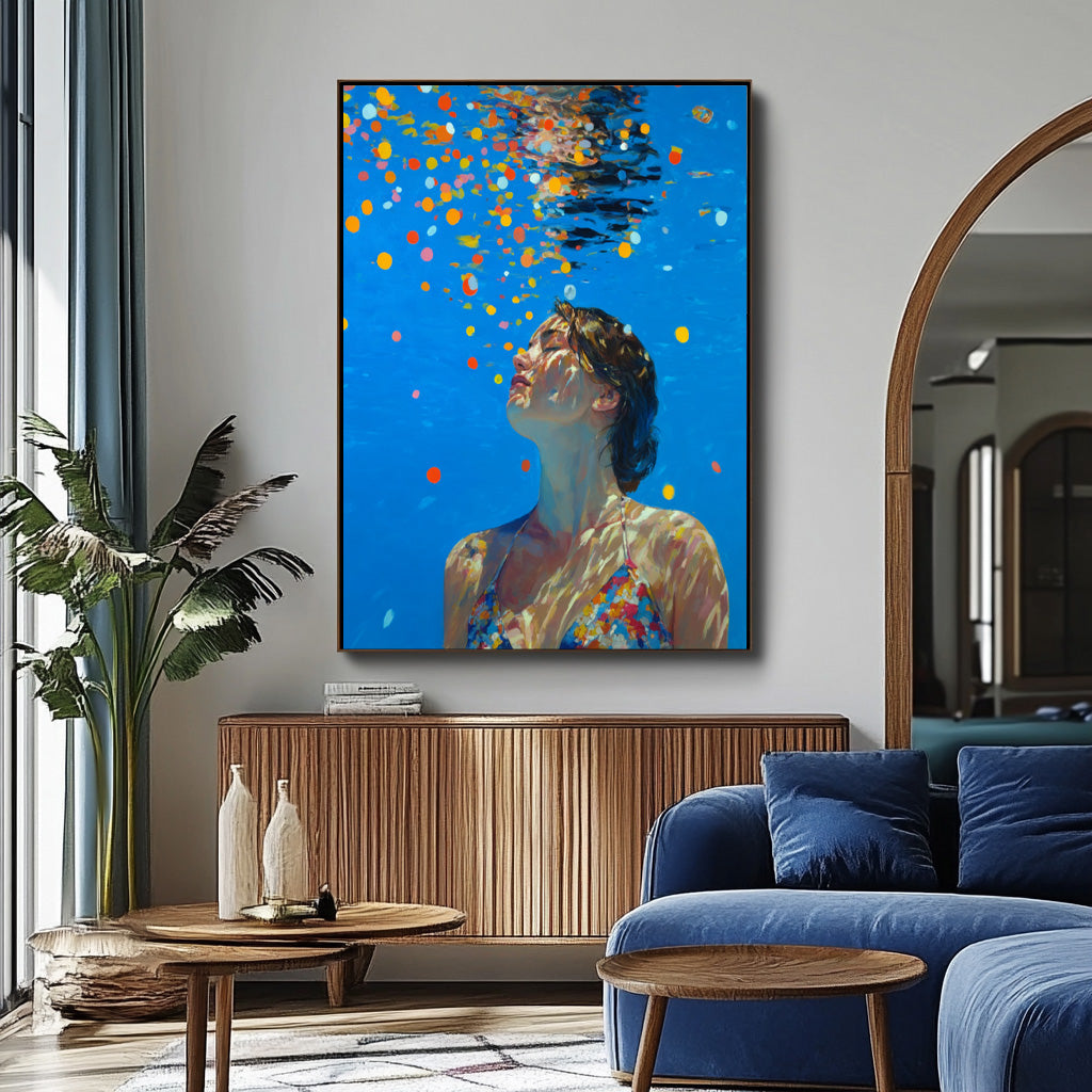 Diving in Ocean Woman Handmade Canvas Artwork Blue Abstract Swimming Girl Wall Art Diving Oil painting
