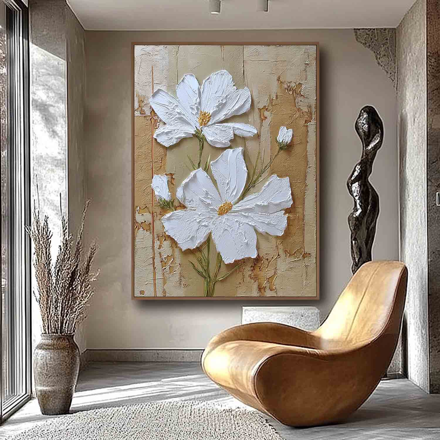 Large White Flower Abstract Oil Painting Canvas Texture Plant Wall Art Original Artwork Home Decor