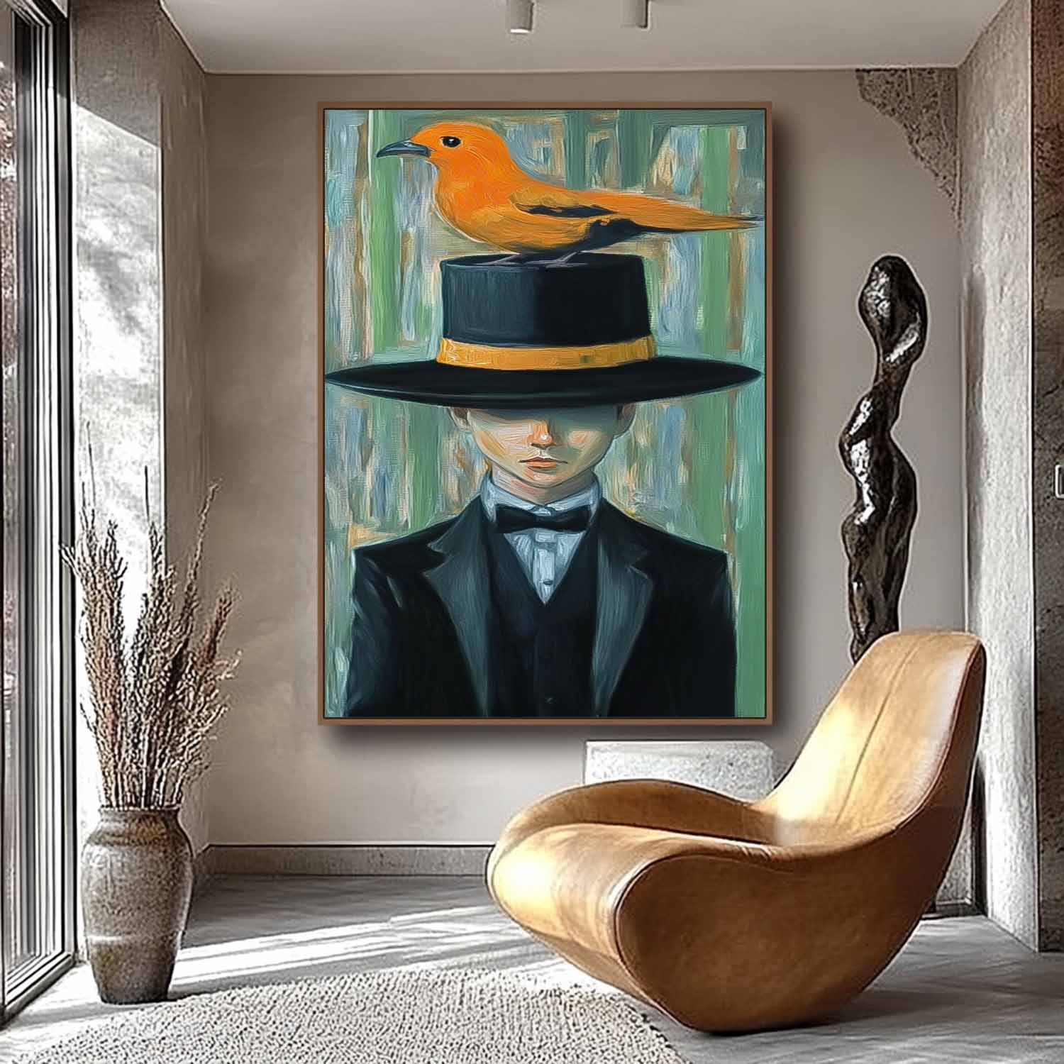 Man In A Suit With A Large Black Hat And An Orange Bird On It Wall Art  Abstract Boy Oil Painting Canvas