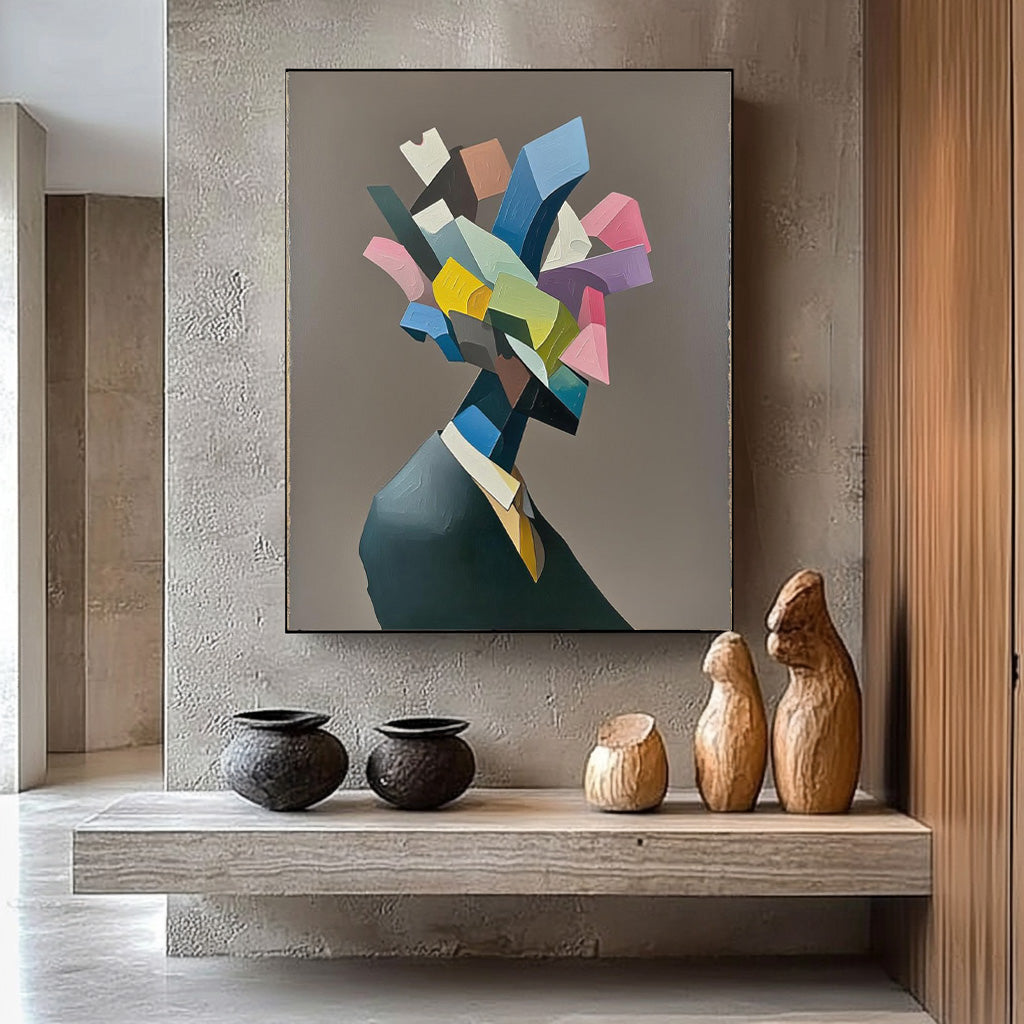 Large Abstract Portrait Wall Art  Original Textured Geometric Shapes People Painting Canvas Home Decor