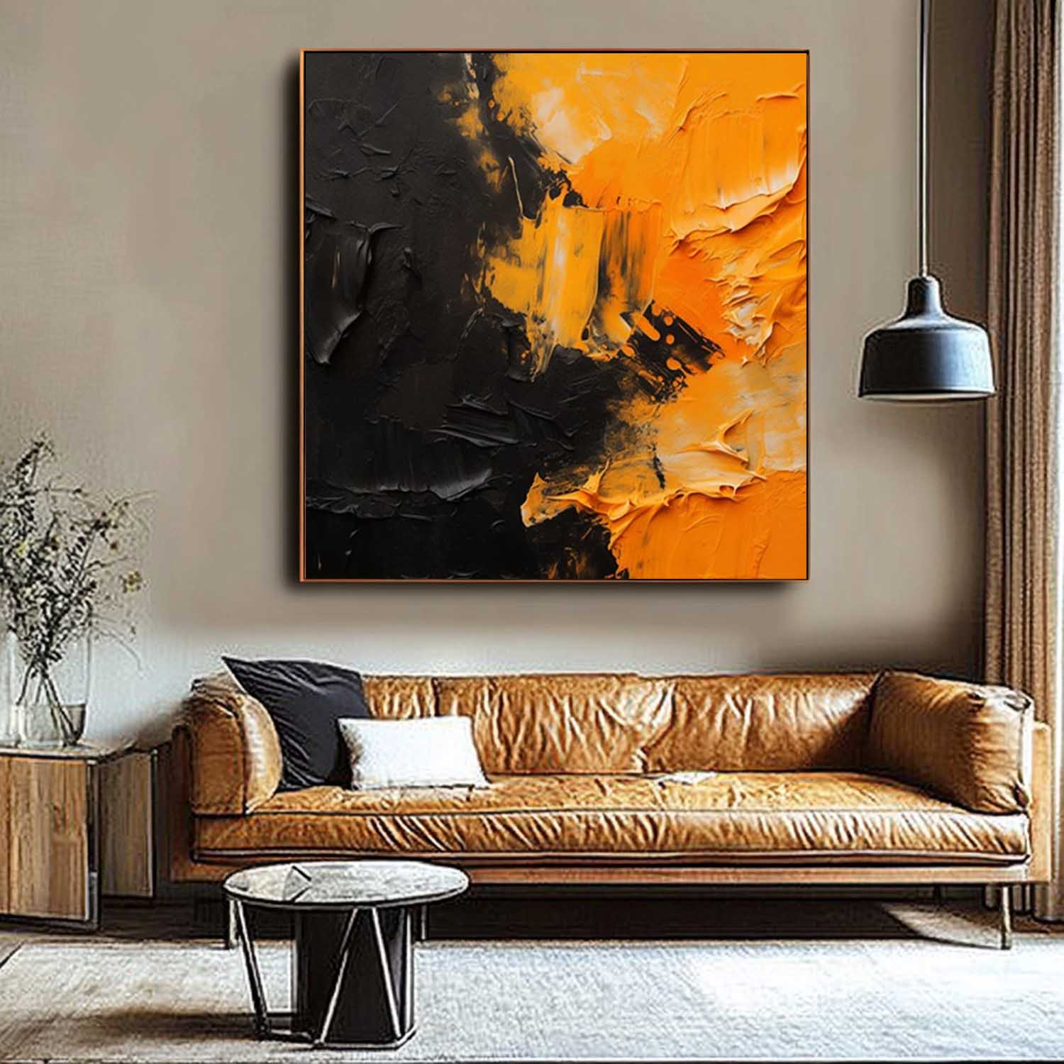 Yellow And Black Large Texture Abstract Wall Art Contemporary Abstract Oil Painting Canvas Framed Home Decor