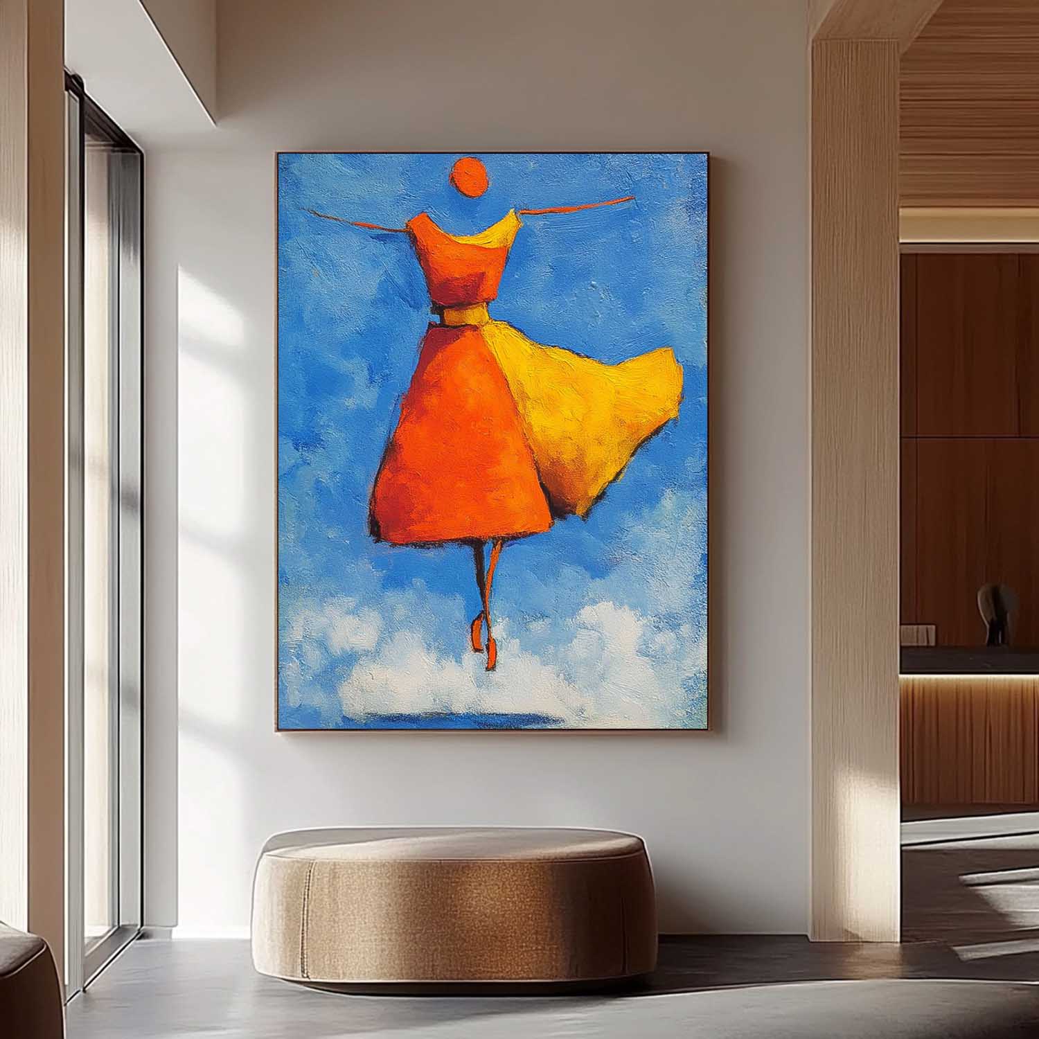 Modern Orange Skirt Framed Minimalist People Silhouette Wall Art Original Vibrant Color Oil Painting 