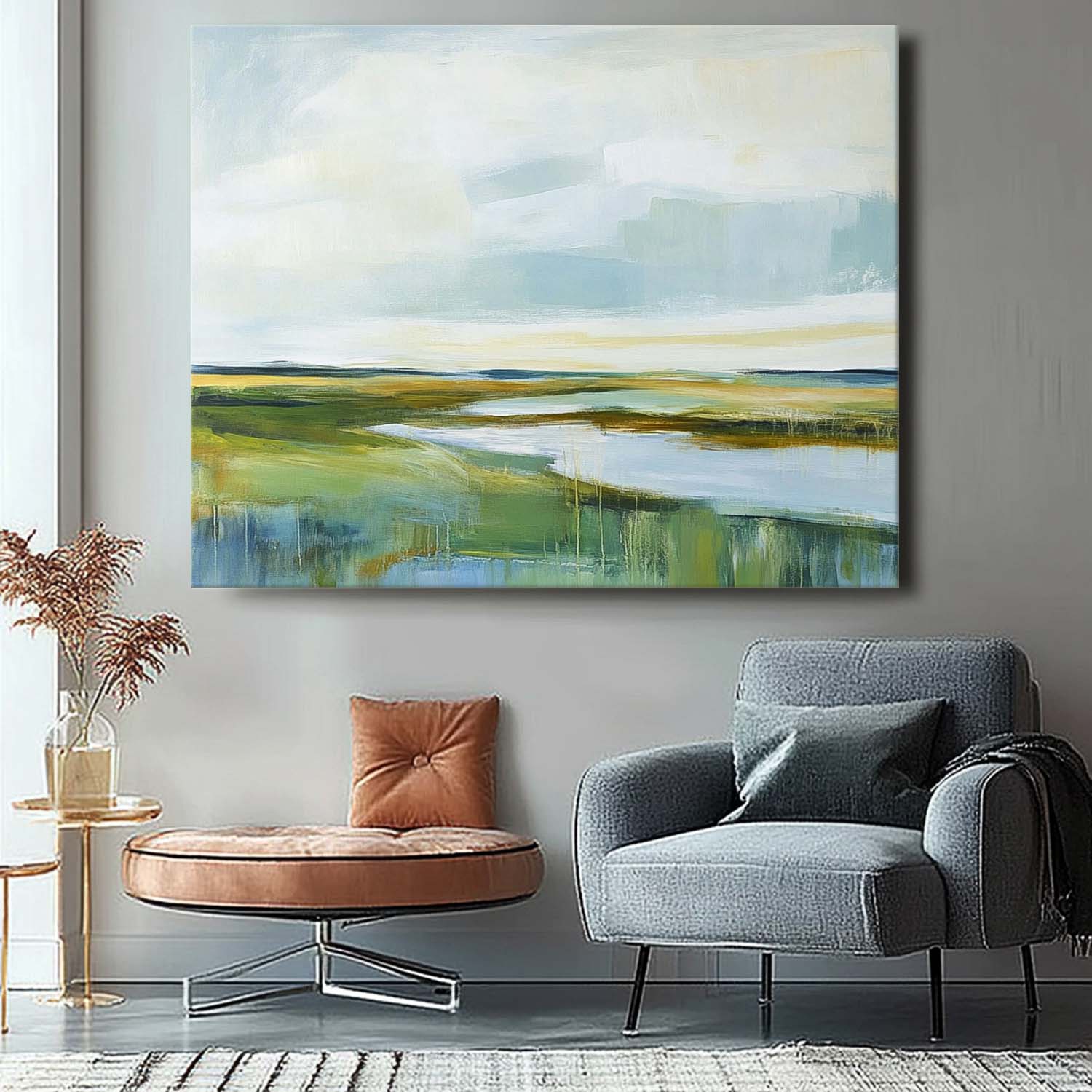 Abstract Lake Landscape Oil Painting Green Countryside Landscape Artwork Large Blue Texture Wall Art Framed