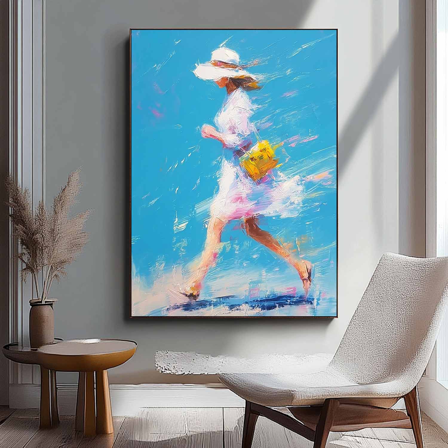 Textured Canvas Of Woman Impressionist Painting Bright Colorful Modern Impasto Oil Painting Walking Woman Art