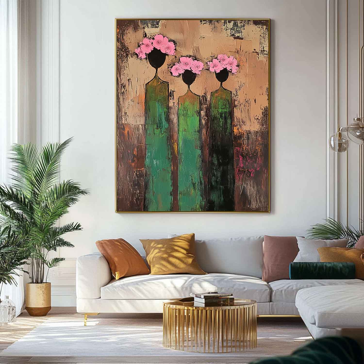 Abstract Simple Characters Artwork Original Retro Painting Pink And Green Modern People Silhouette Wall Art