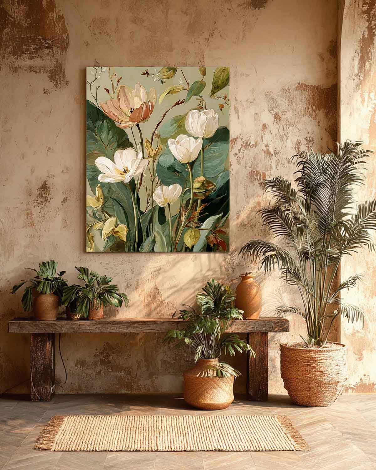 Vintage Oil Painting Style Of White And Peach Tulips On Sage Green Background Botanical Wall Art Decor