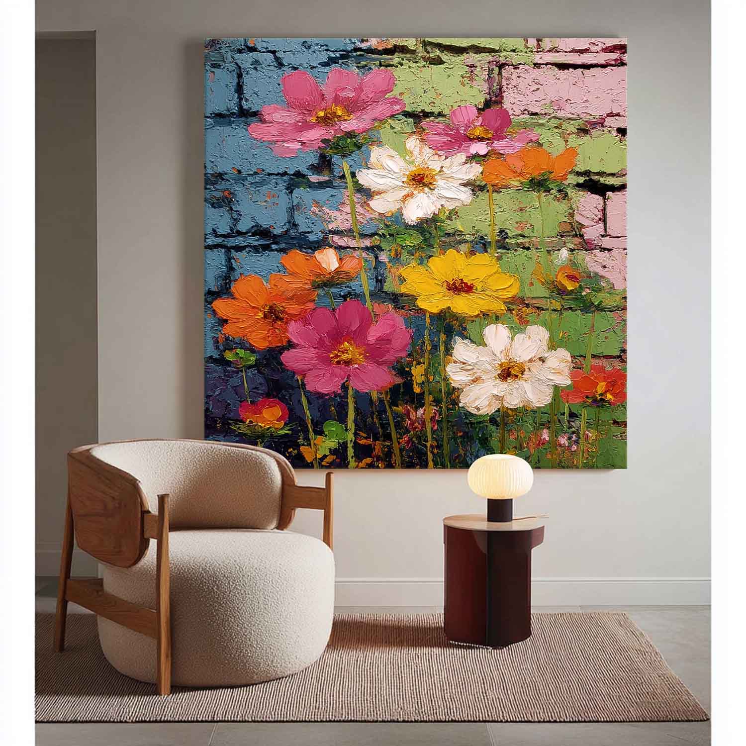 Colorful Flowers Canvas Vibrant Urban Street Art Style Floral Wall Hanging Modern Textured Floral Oil Painting