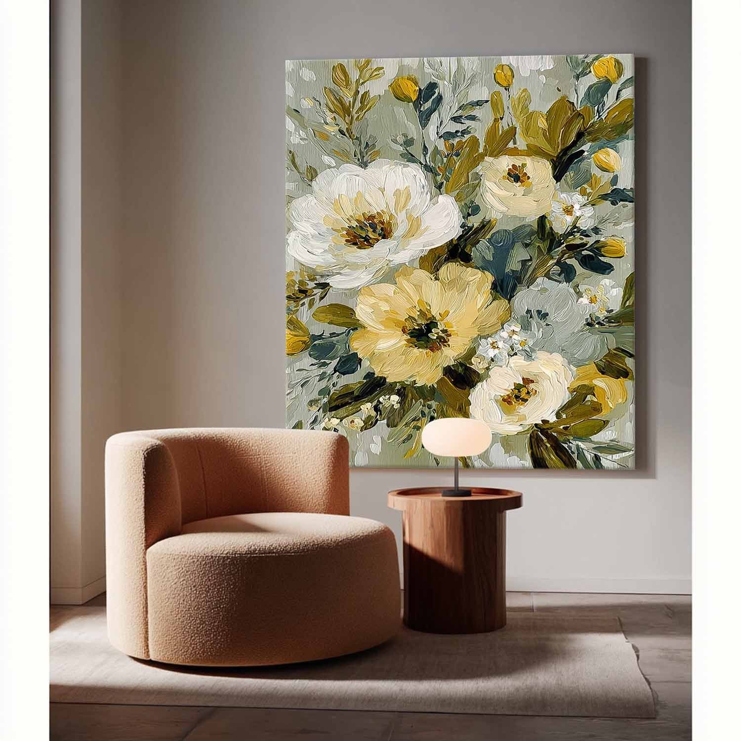 Vintage Floral Wall Art Textured Tulip Oil Painting Sage Green Impasto Botanical Flower Painting Antique Style 