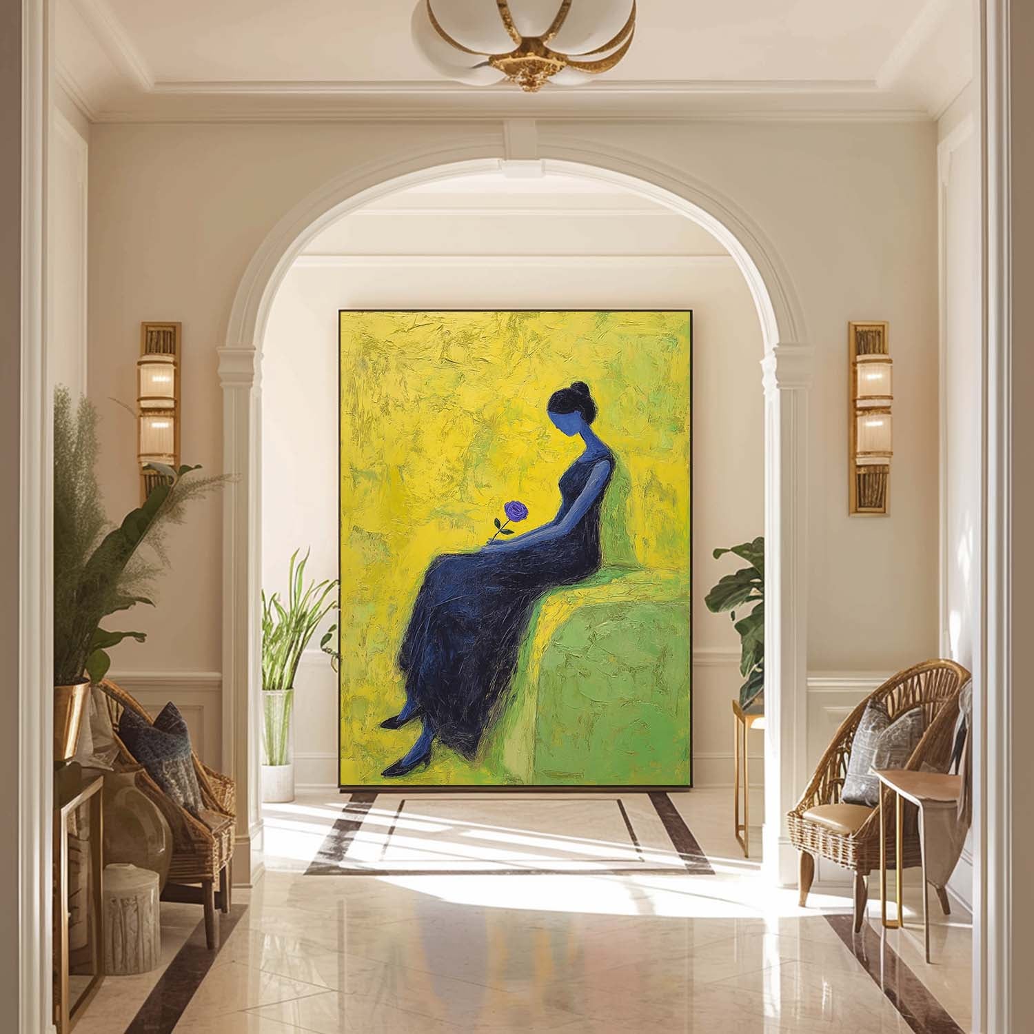 Melancholic Blue Lady Oil Painting Impasto Abstract Wall Art Serene Woman Modern Portrait Textured Artwork