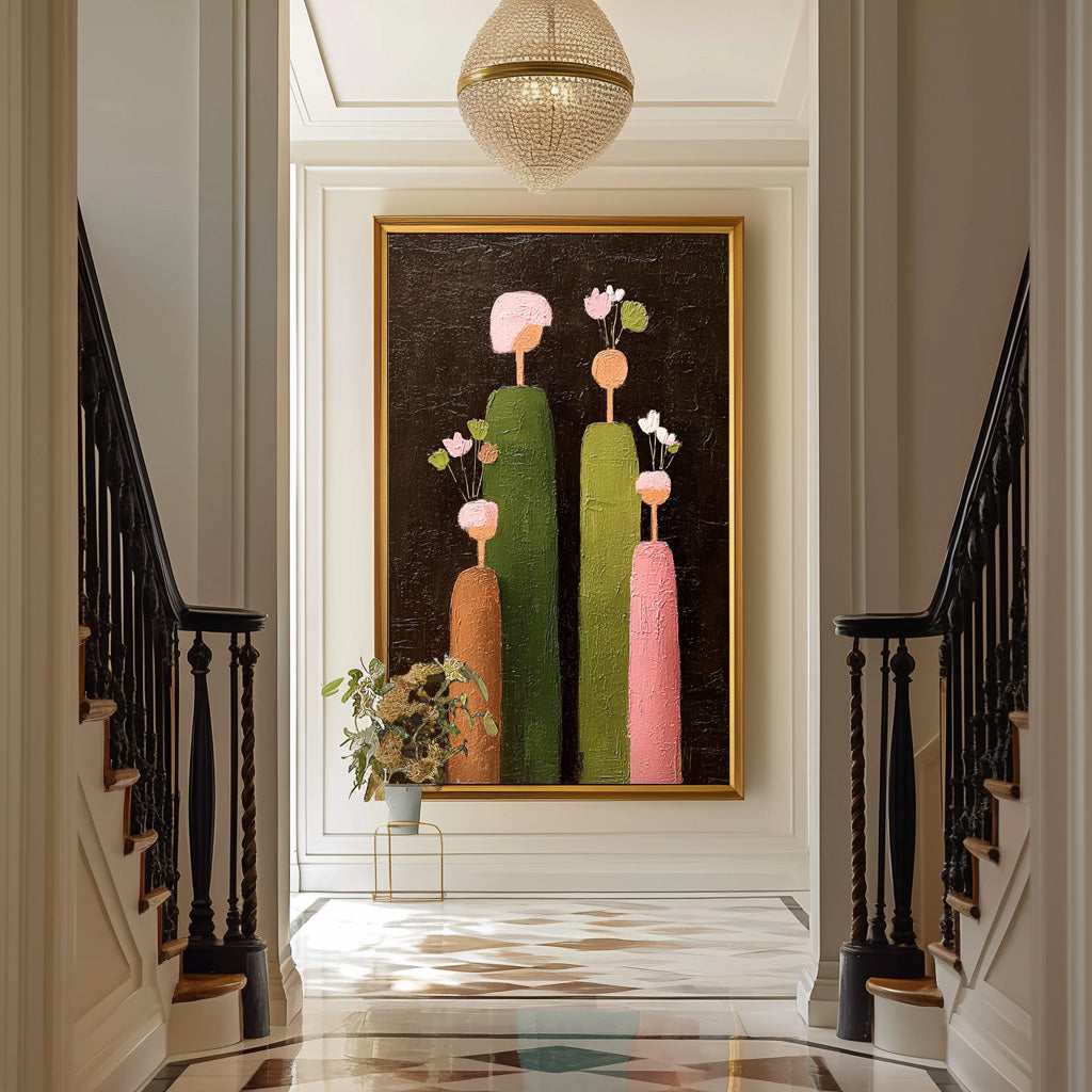 Original Featuring Stylized Cylindrical Figures Wall Art Large Family Painting Framed Abstract Artwork