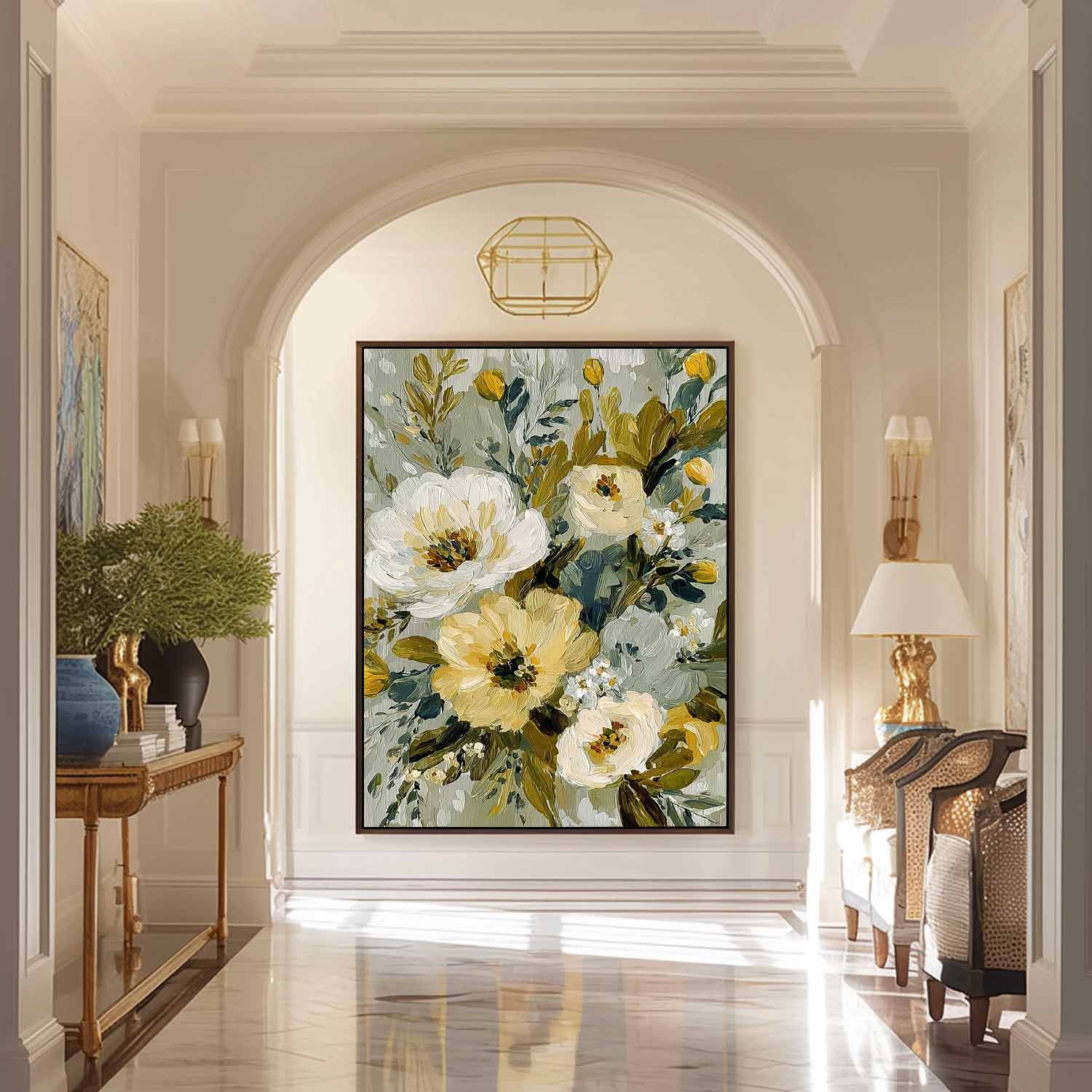 Vintage Floral Wall Art Textured Tulip Oil Painting Sage Green Impasto Botanical Flower Painting Antique Style 