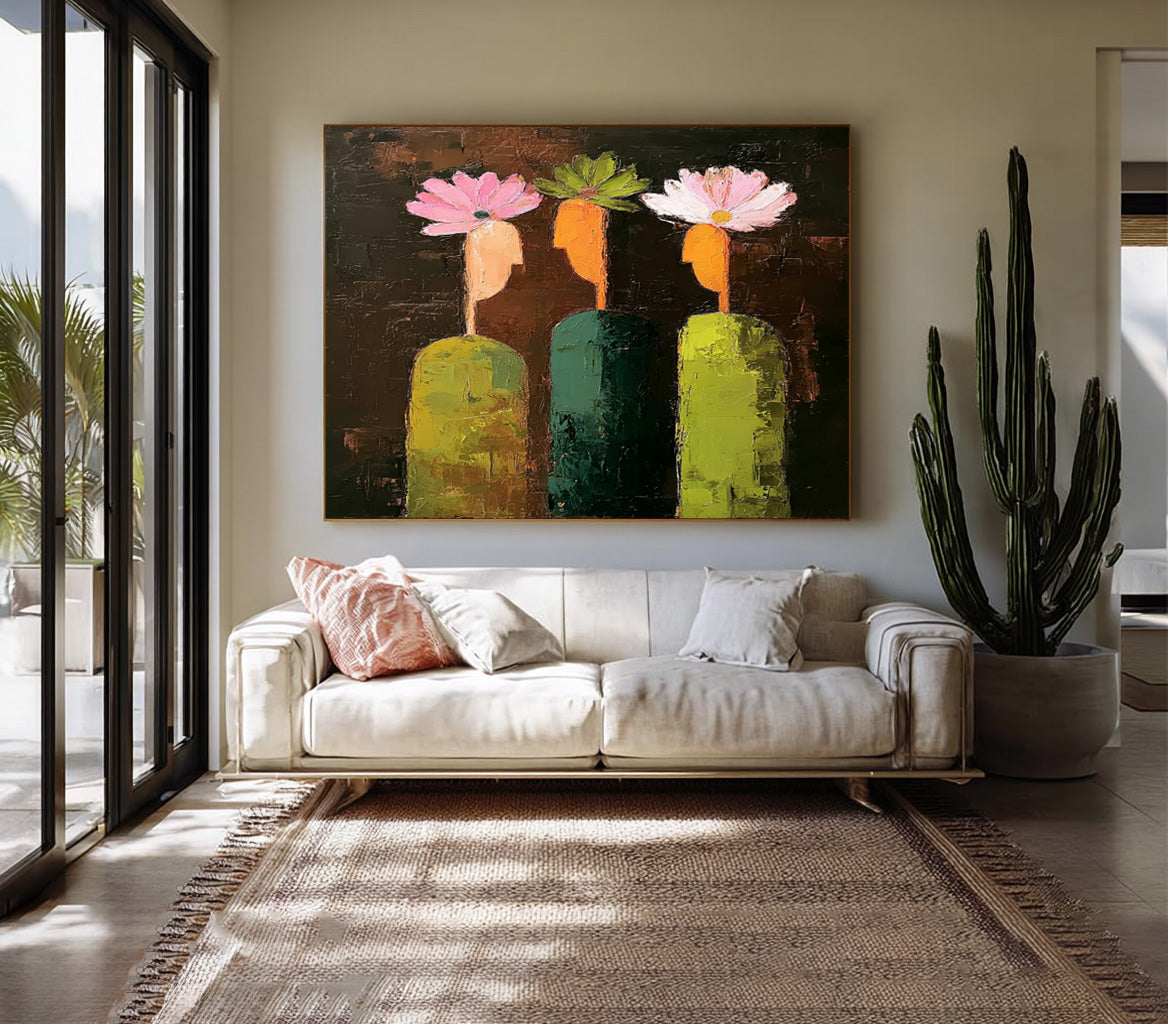 Unique Abstract Painting With Floral People Minimalist Boho Wall Decor for Stylish Homes Textured Family Artwork