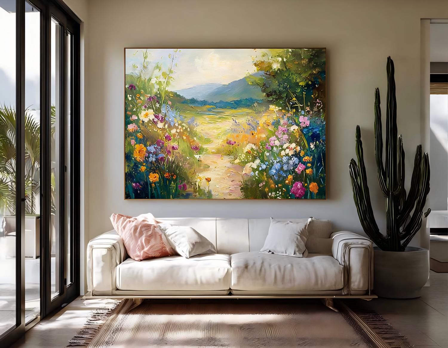 Impressionist Wildflower Meadow Landscape painting Textured Mountain Flower Field Artwork Rustic Nature Wall Art