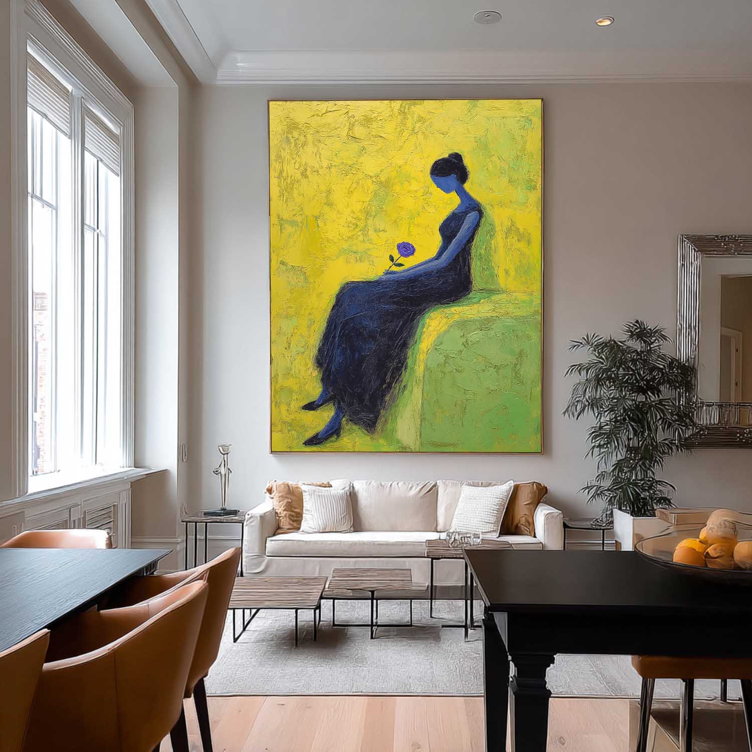 Melancholic Blue Lady Oil Painting Impasto Abstract Wall Art Serene Woman Modern Portrait Textured Artwork