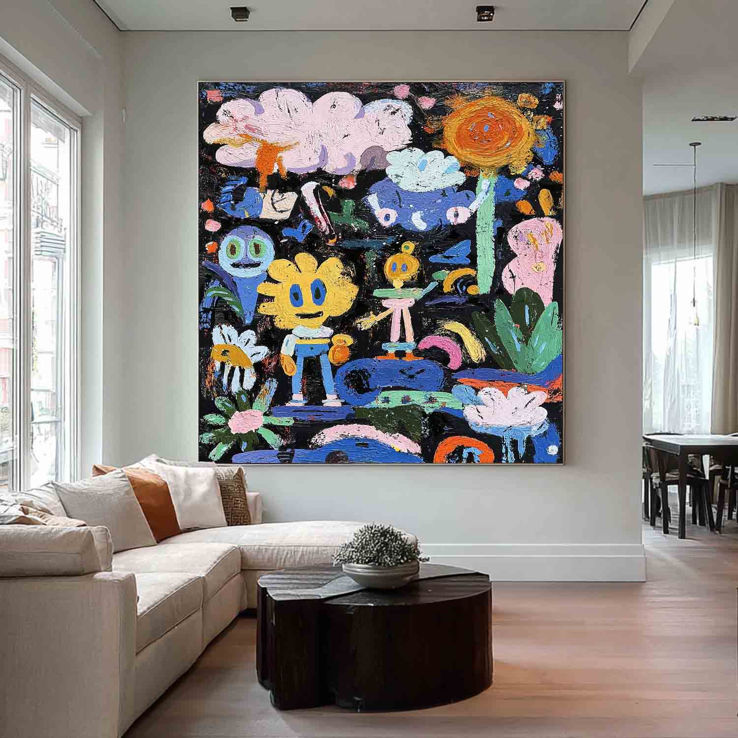 Colorful Doodle Impasto Oil Painting Whimsical Pop Art Vibrant Sun & Flower Abstract Playful Texture Artwork