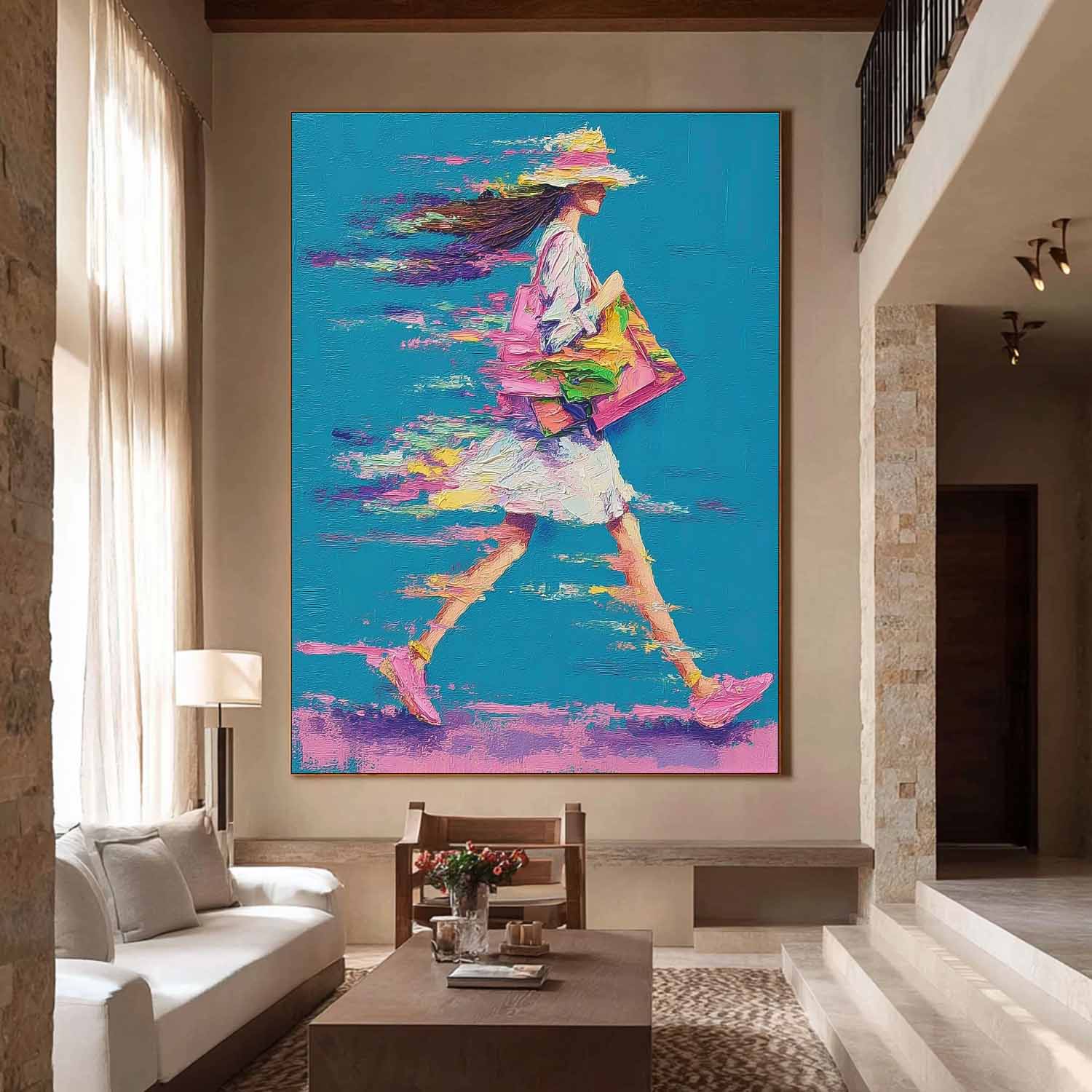 Bright Colorful Modern Impasto Oil Painting Walking Woman Art Textured Canvas Of Woman Impressionist Painting