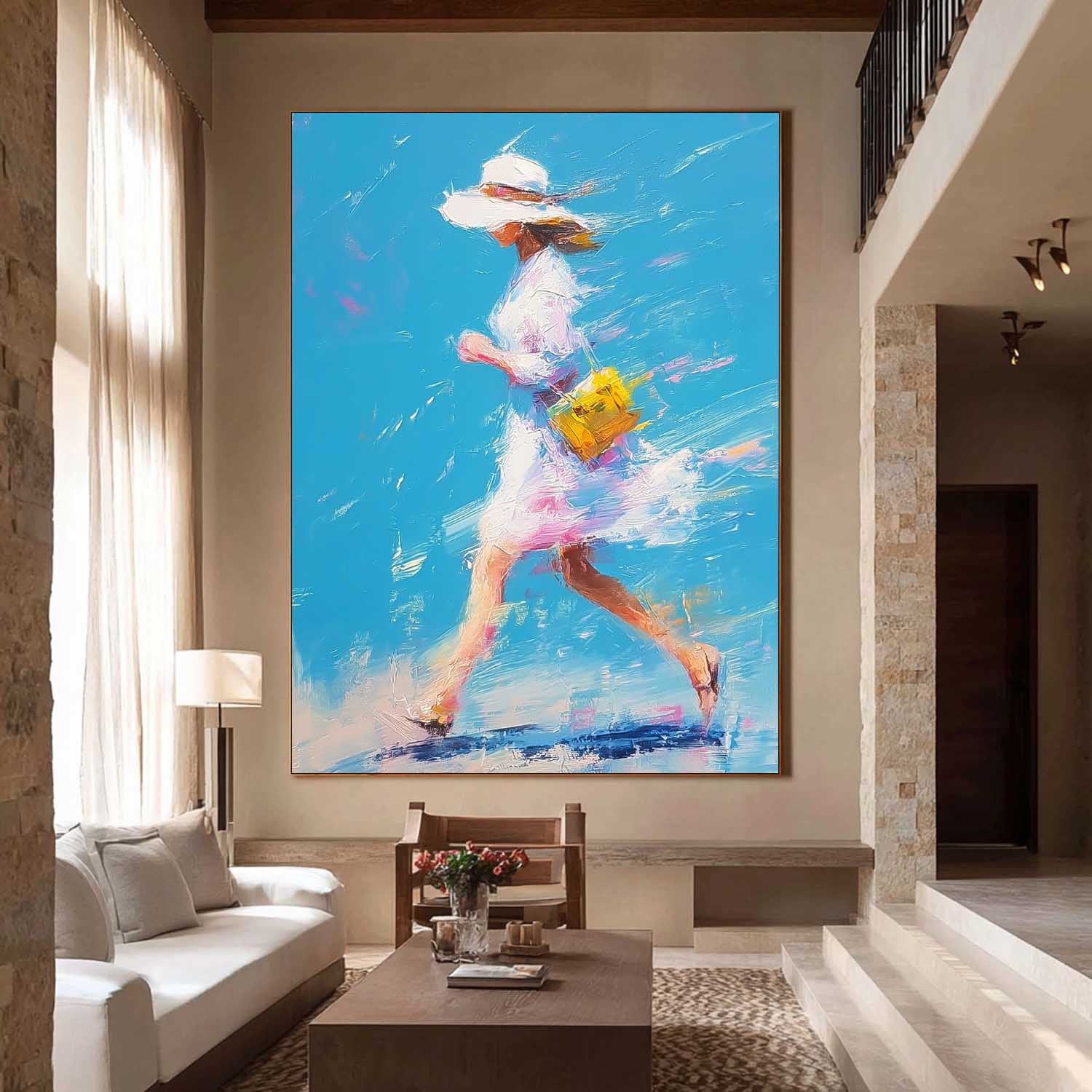 Textured Canvas Of Woman Impressionist Painting Bright Colorful Modern Impasto Oil Painting Walking Woman Art
