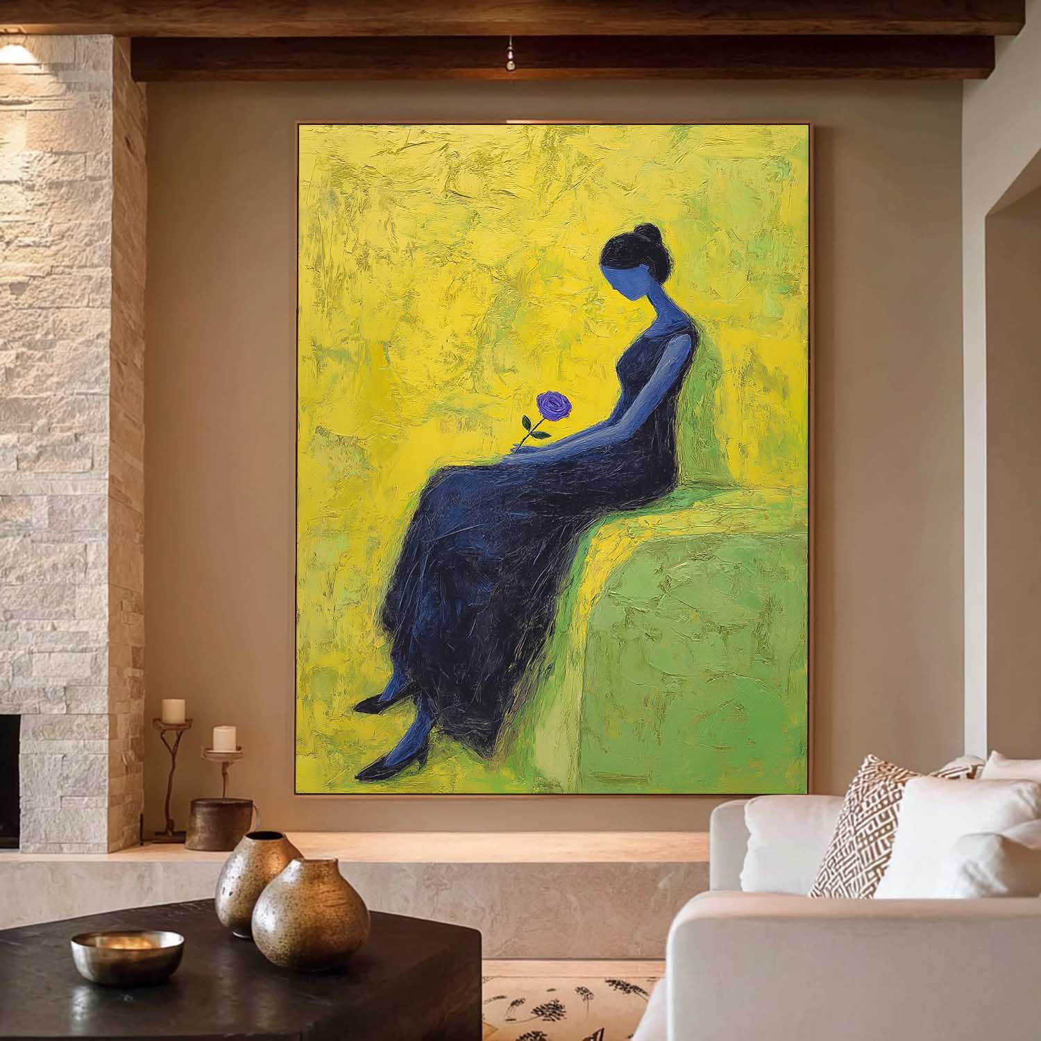 Melancholic Blue Lady Oil Painting Impasto Abstract Wall Art Serene Woman Modern Portrait Textured Artwork