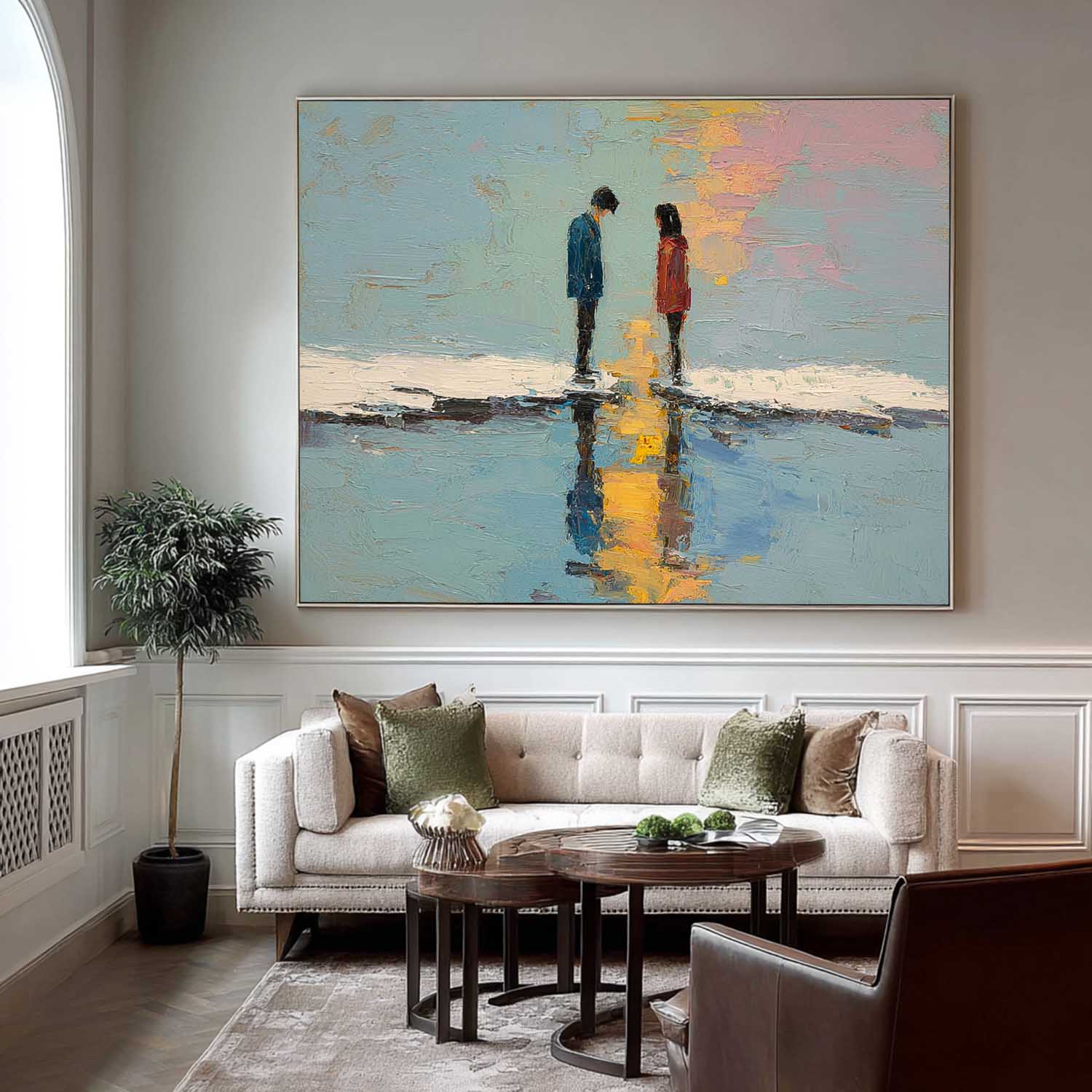 Abstract Couple Palette Knife Painting Sunset Water Reflection Wall Art Large Impressionist Canvas for Living Room