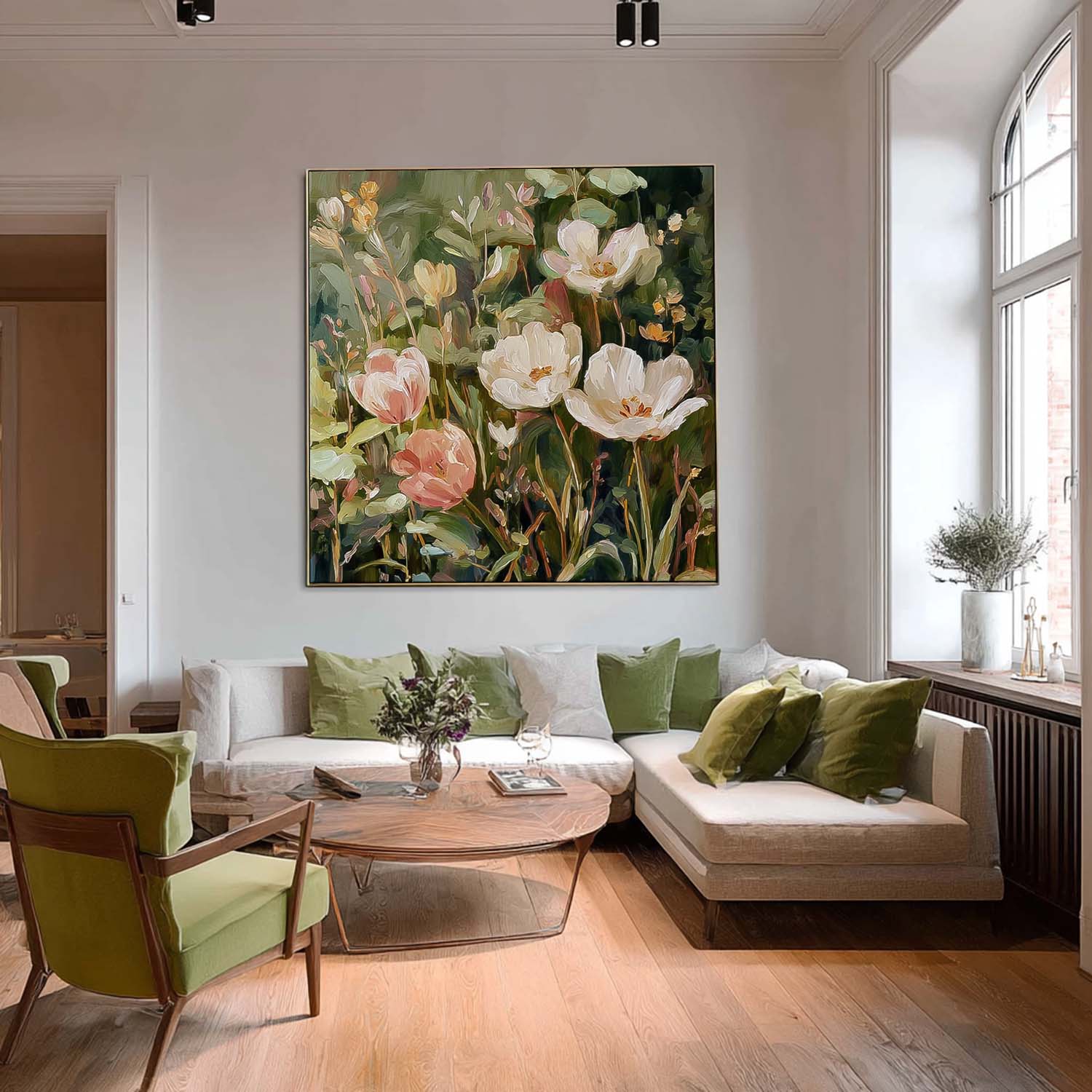 Square Vintage Oil Painting Style Tulips In White And Pink With Sage Green Leaves Cottagecore Wall Decor