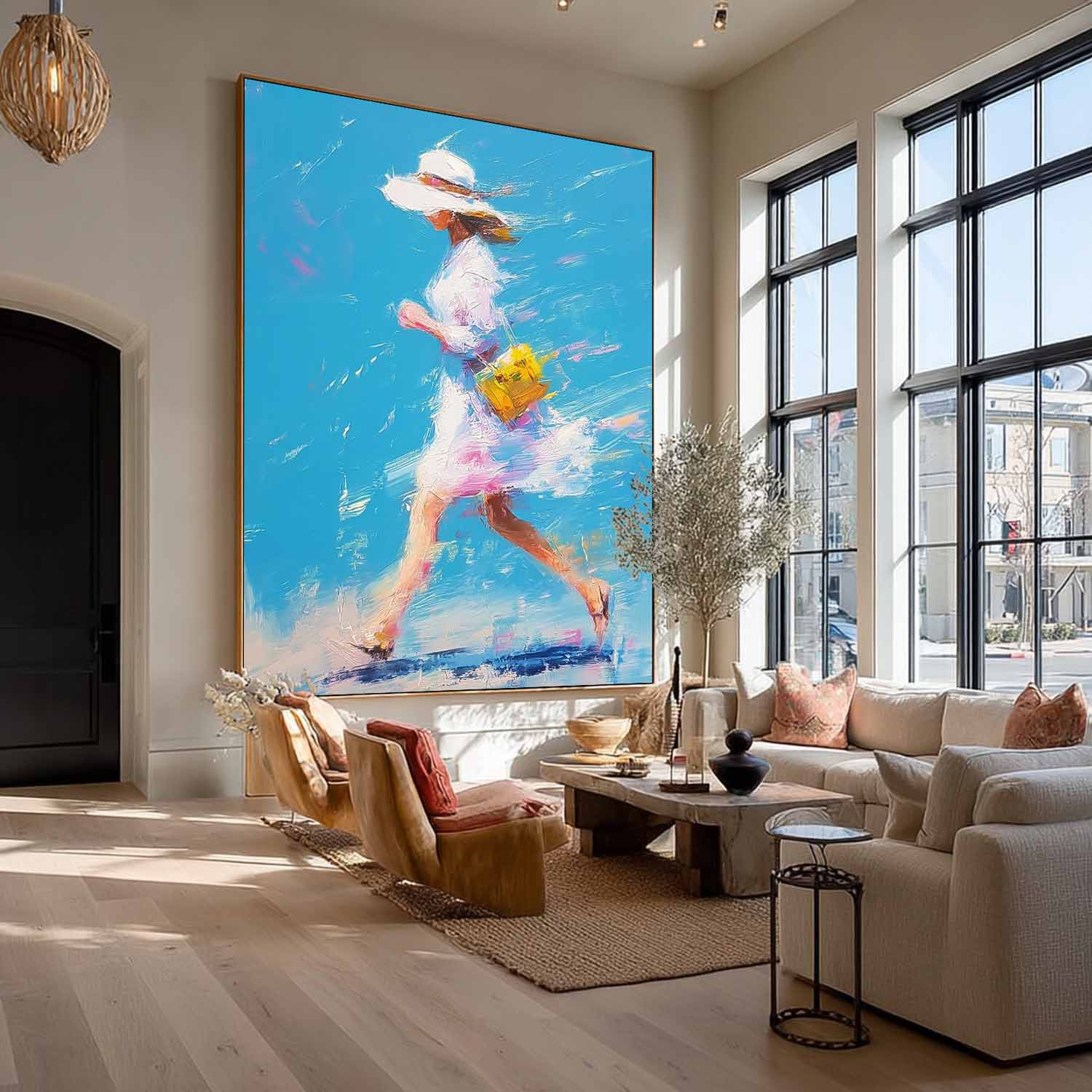 Textured Canvas Of Woman Impressionist Painting Bright Colorful Modern Impasto Oil Painting Walking Woman Art