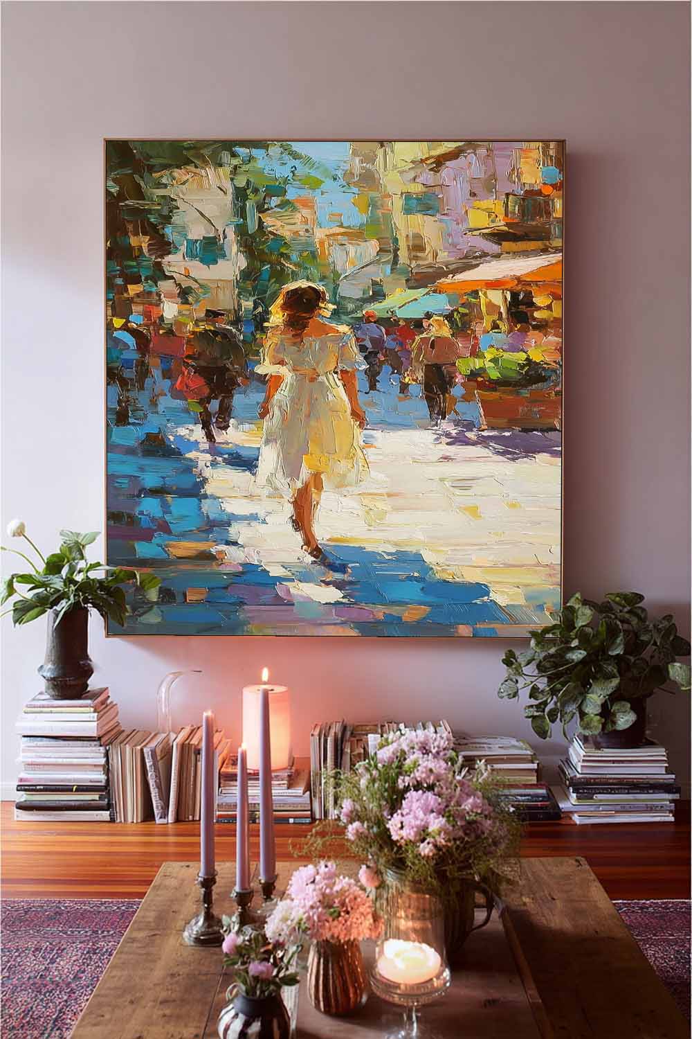 Colorful Impressionist Street Scene Oil Painting Original Artwork City Street Market Scene For Living Room