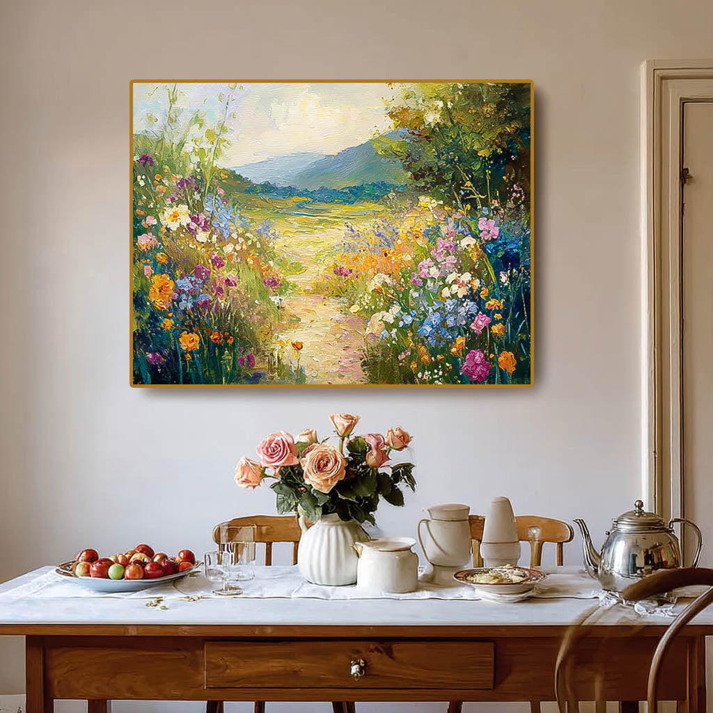 Impressionist Wildflower Meadow Landscape painting Textured Mountain Flower Field Artwork Rustic Nature Wall Art