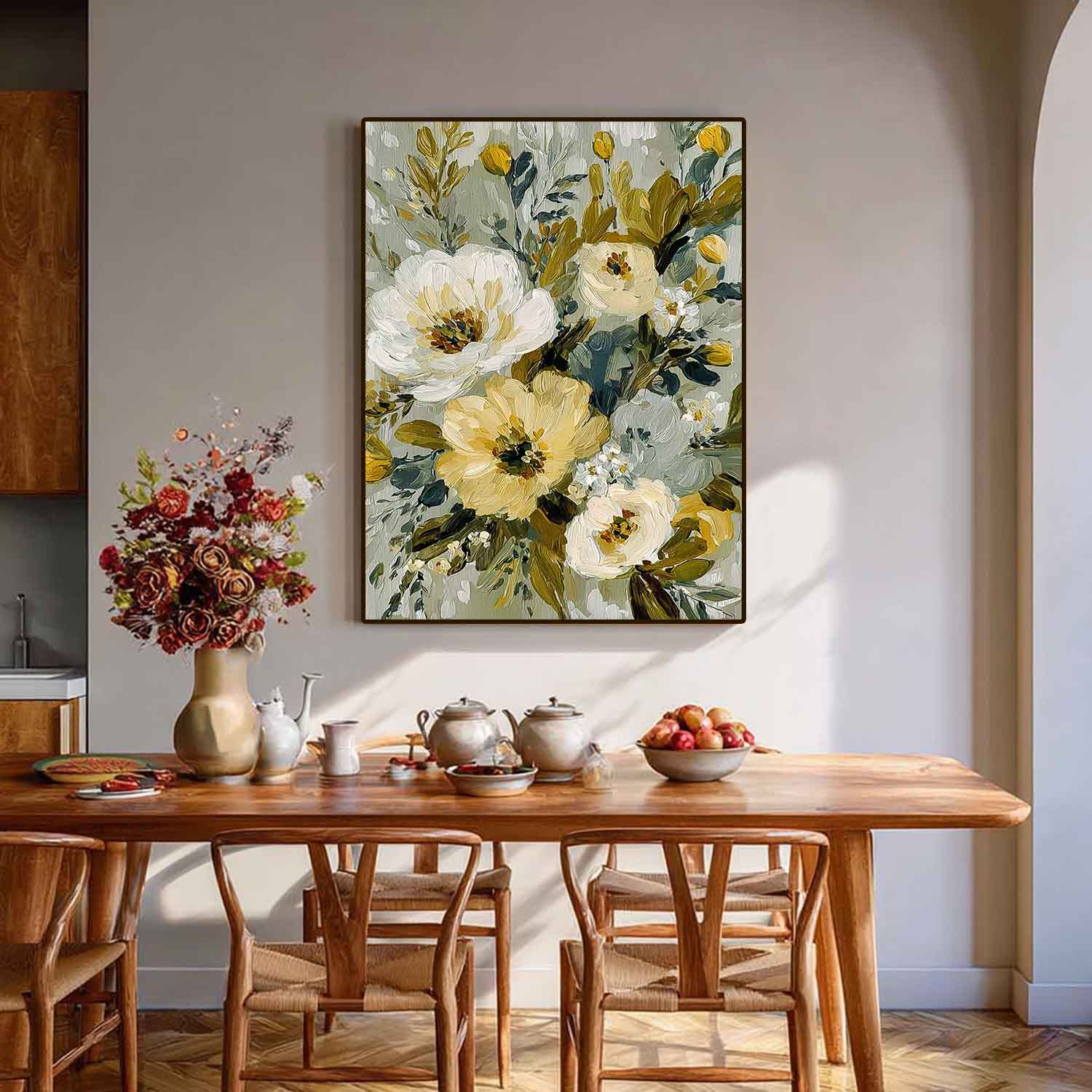 Vintage Floral Wall Art Textured Tulip Oil Painting Sage Green Impasto Botanical Flower Painting Antique Style 