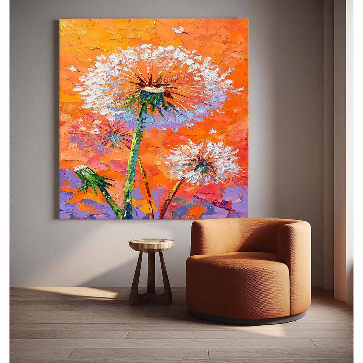 Square Heavy Impasto Dandelion Painting 3D Palette Knife Floral Art  Modern Vibrant Orange Dandelion Artwork