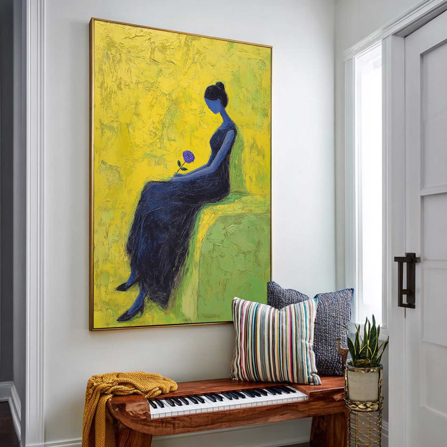 Melancholic Blue Lady Oil Painting Impasto Abstract Wall Art Serene Woman Modern Portrait Textured Artwork