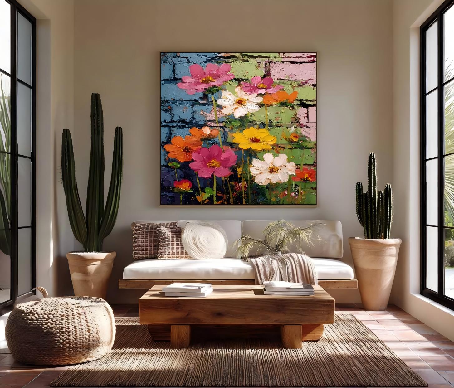 Colorful Flowers Canvas Vibrant Urban Street Art Style Floral Wall Hanging Modern Textured Floral Oil Painting