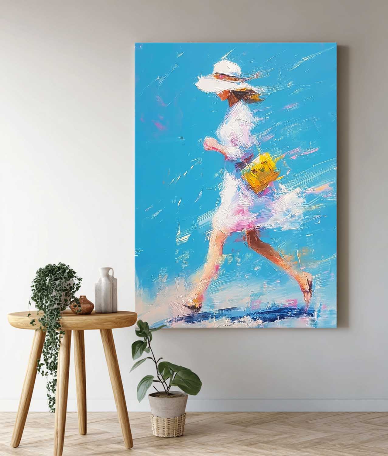 Textured Canvas Of Woman Impressionist Painting Bright Colorful Modern Impasto Oil Painting Walking Woman Art