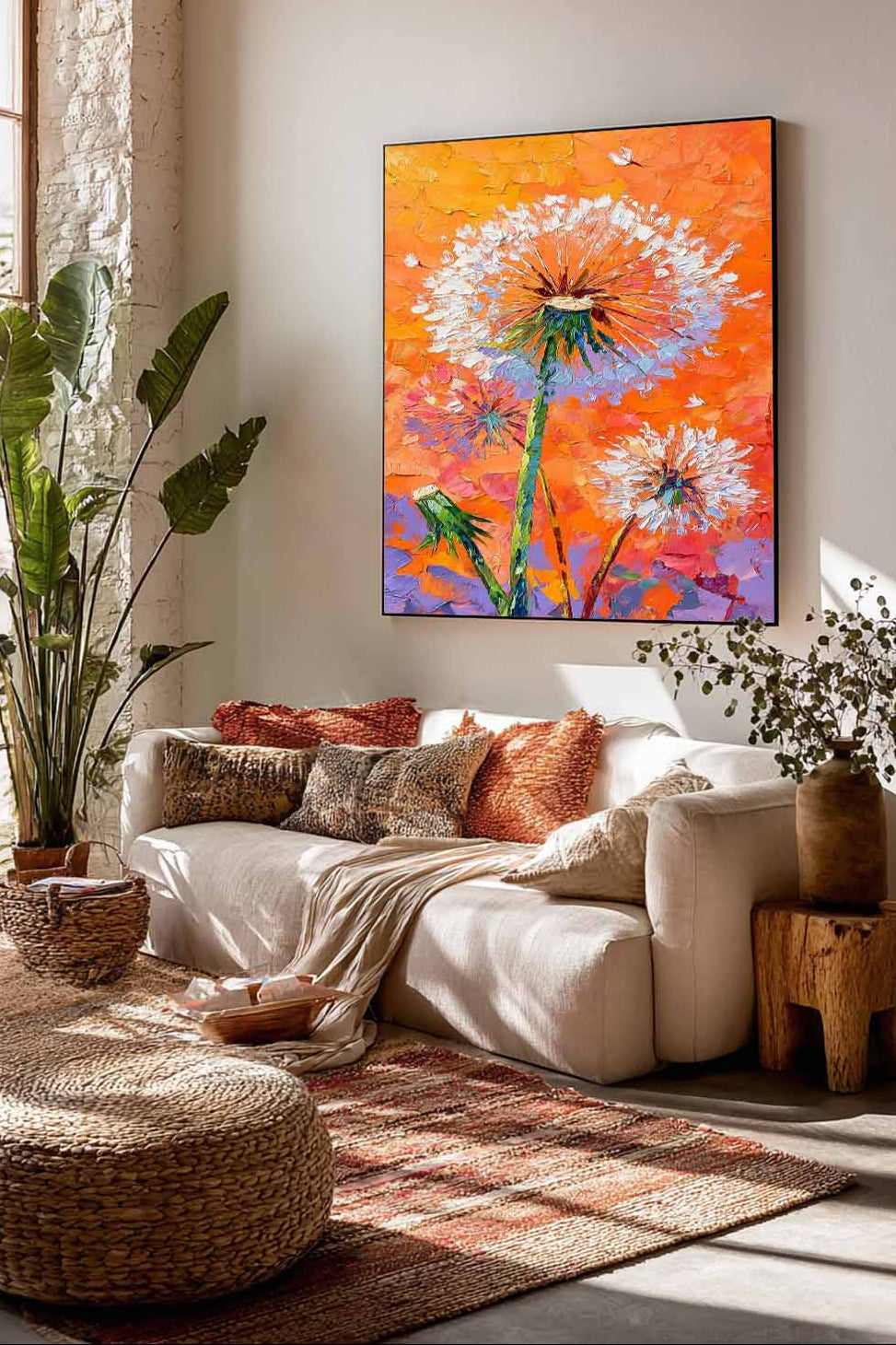 Square Heavy Impasto Dandelion Painting 3D Palette Knife Floral Art  Modern Vibrant Orange Dandelion Artwork