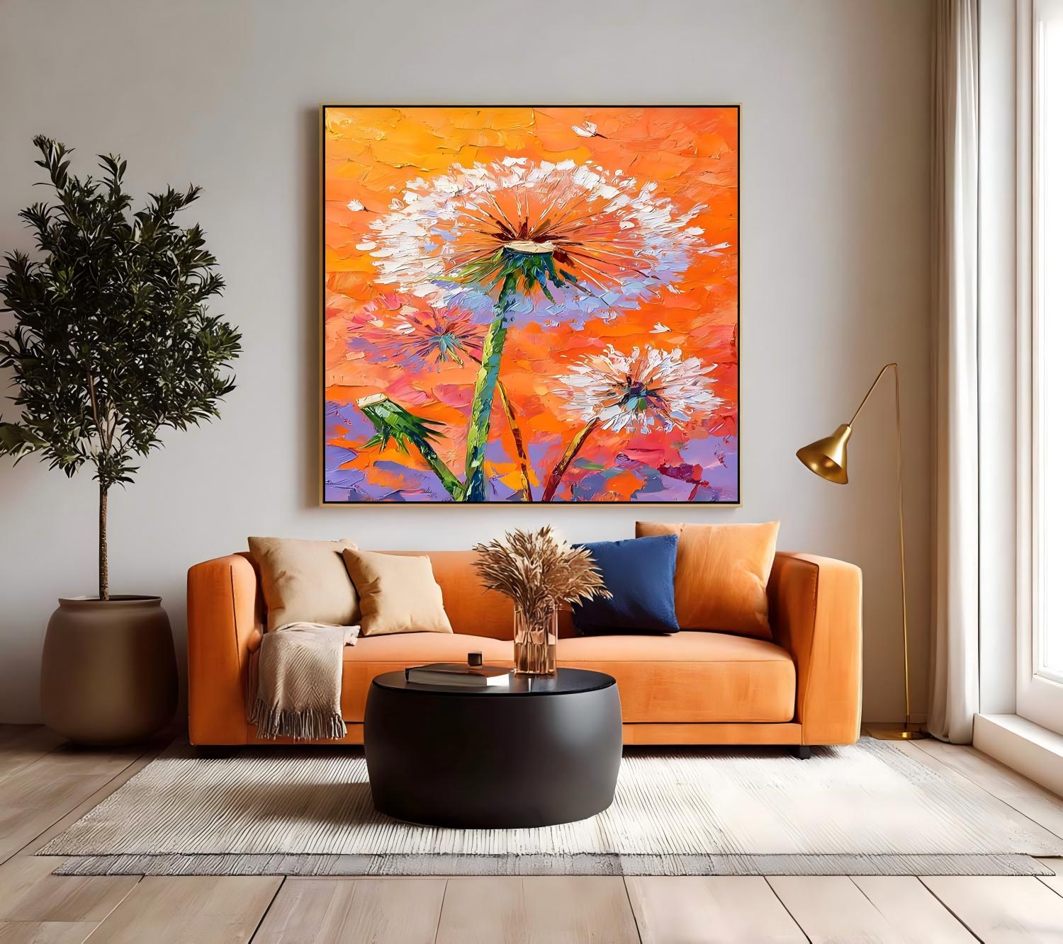 Square Heavy Impasto Dandelion Painting 3D Palette Knife Floral Art  Modern Vibrant Orange Dandelion Artwork