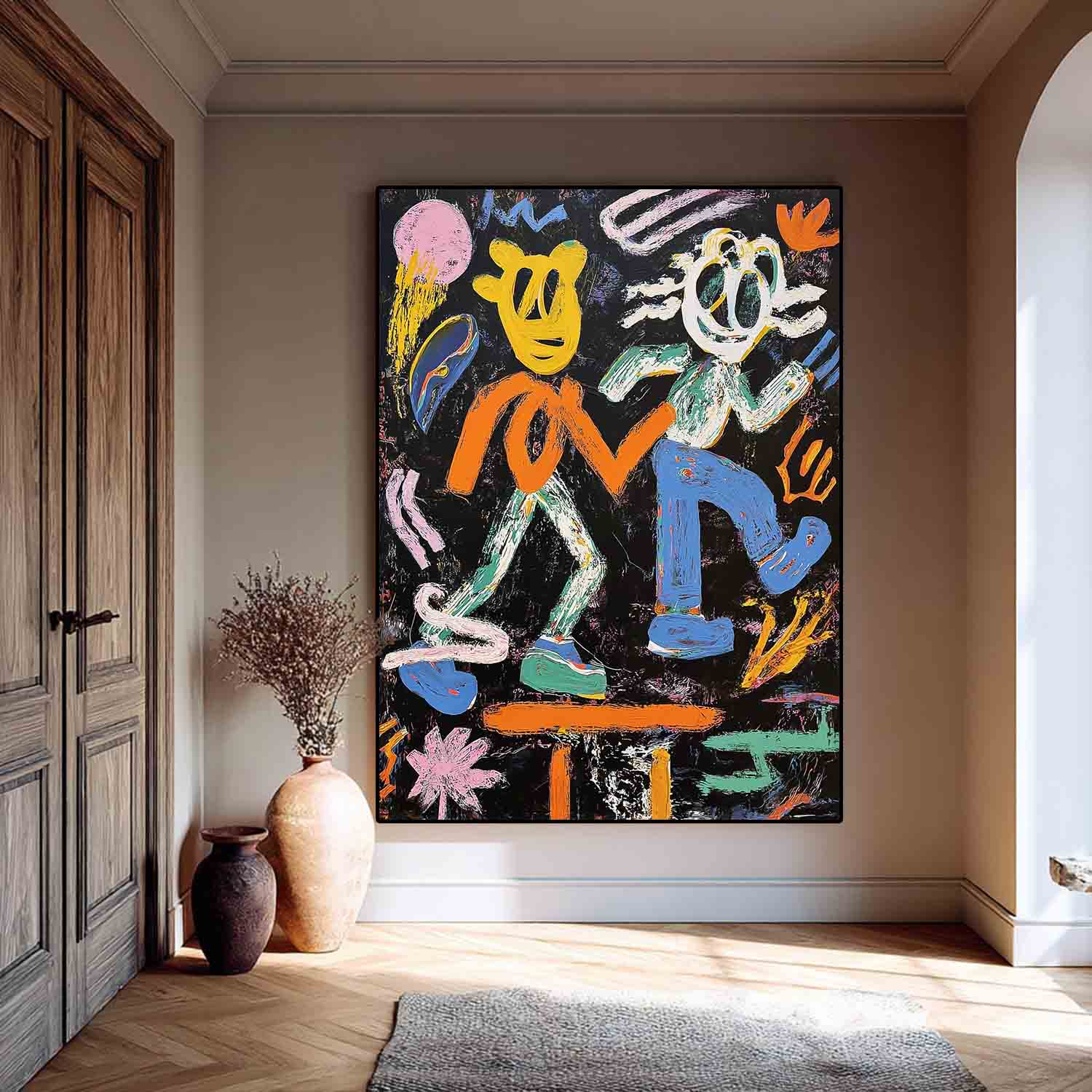 Whimsical Pop Art Colorful Doodle Impasto Oil Painting Vibrant Sun & Flower Abstract Playful Texture Artwork