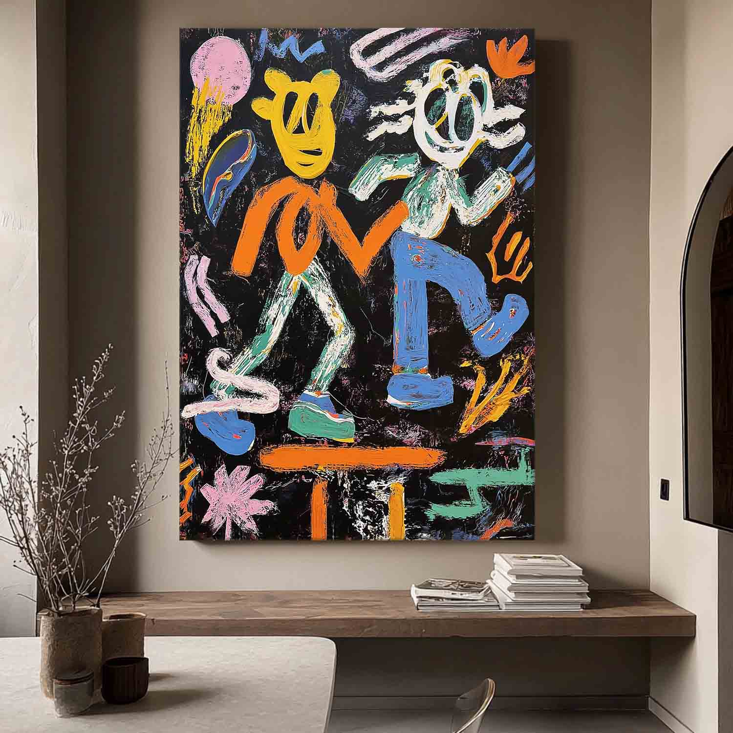 Whimsical Pop Art Colorful Doodle Impasto Oil Painting Vibrant Sun & Flower Abstract Playful Texture Artwork