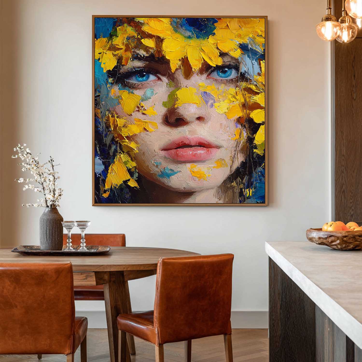 Original Painting Portrait With Sunflowers Modern Thick Brushstroke Wall Art Handmade Canvas Contemporary Artwork