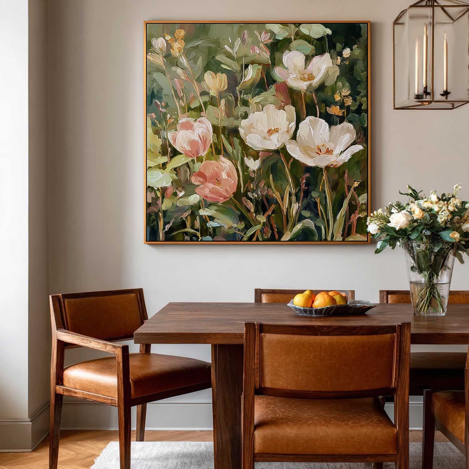 Square Vintage Oil Painting Style Tulips In White And Pink With Sage Green Leaves Cottagecore Wall Decor